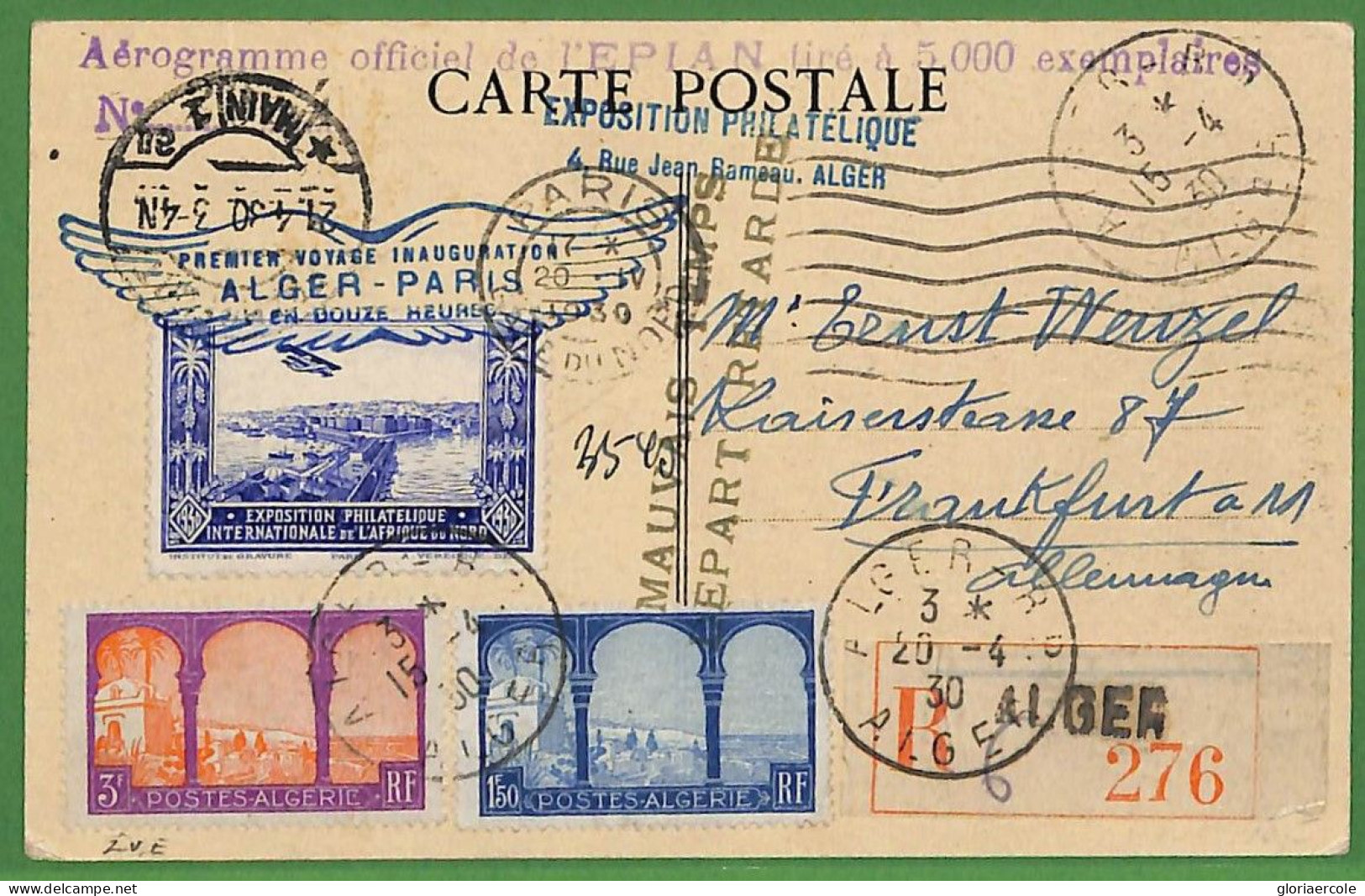 Ad6449 - ALGERIE  - Postal History -  First Flight SPECIAL Card MU# 21  1930 - Aéreo