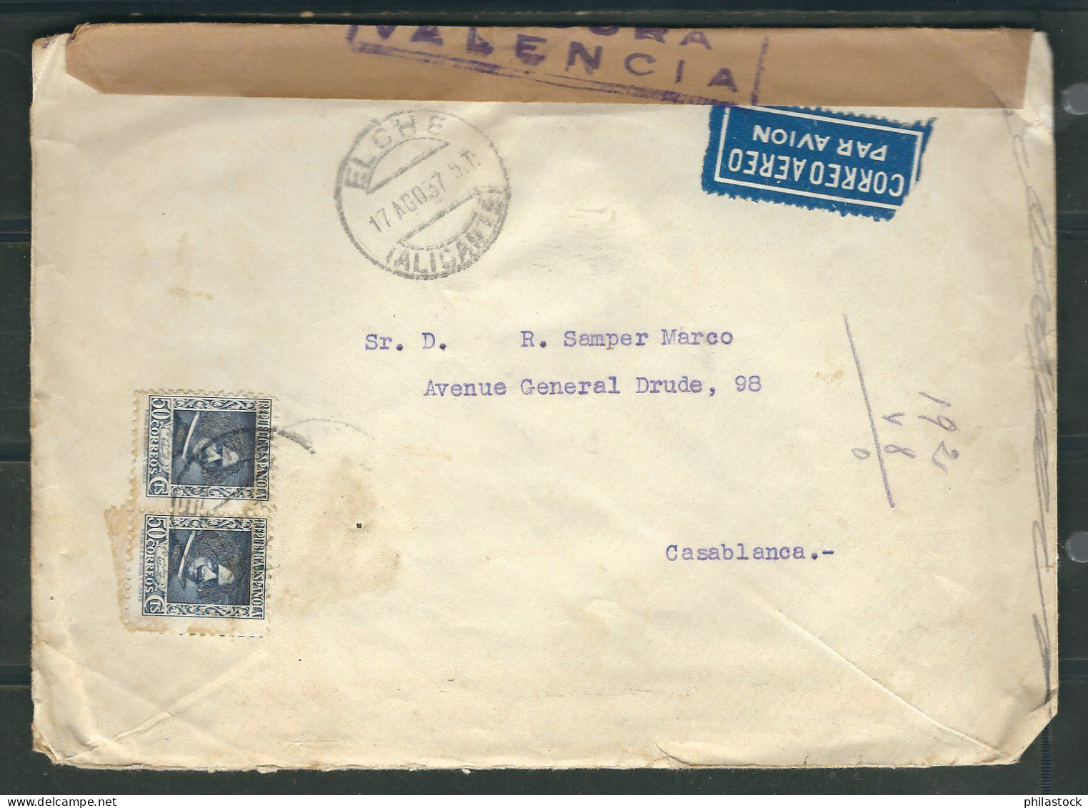 ESPAGNE 1937 Lettre. Censurée De Elche Alicante Pour Casablanca Maroc - Marcas De Censura Nacional