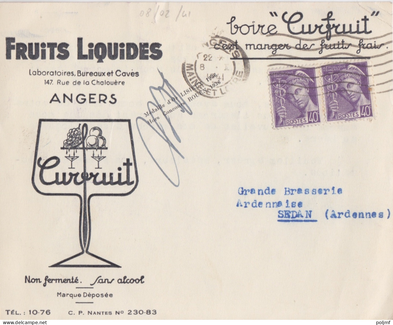 CP "Fruits Liquides" Obl. Flier Angers Le 8/2/41 Sur 40c X 2 Mercure N° 413 (tarif Du 1/12/39) Pour Sedan - 1938-42 Mercurius