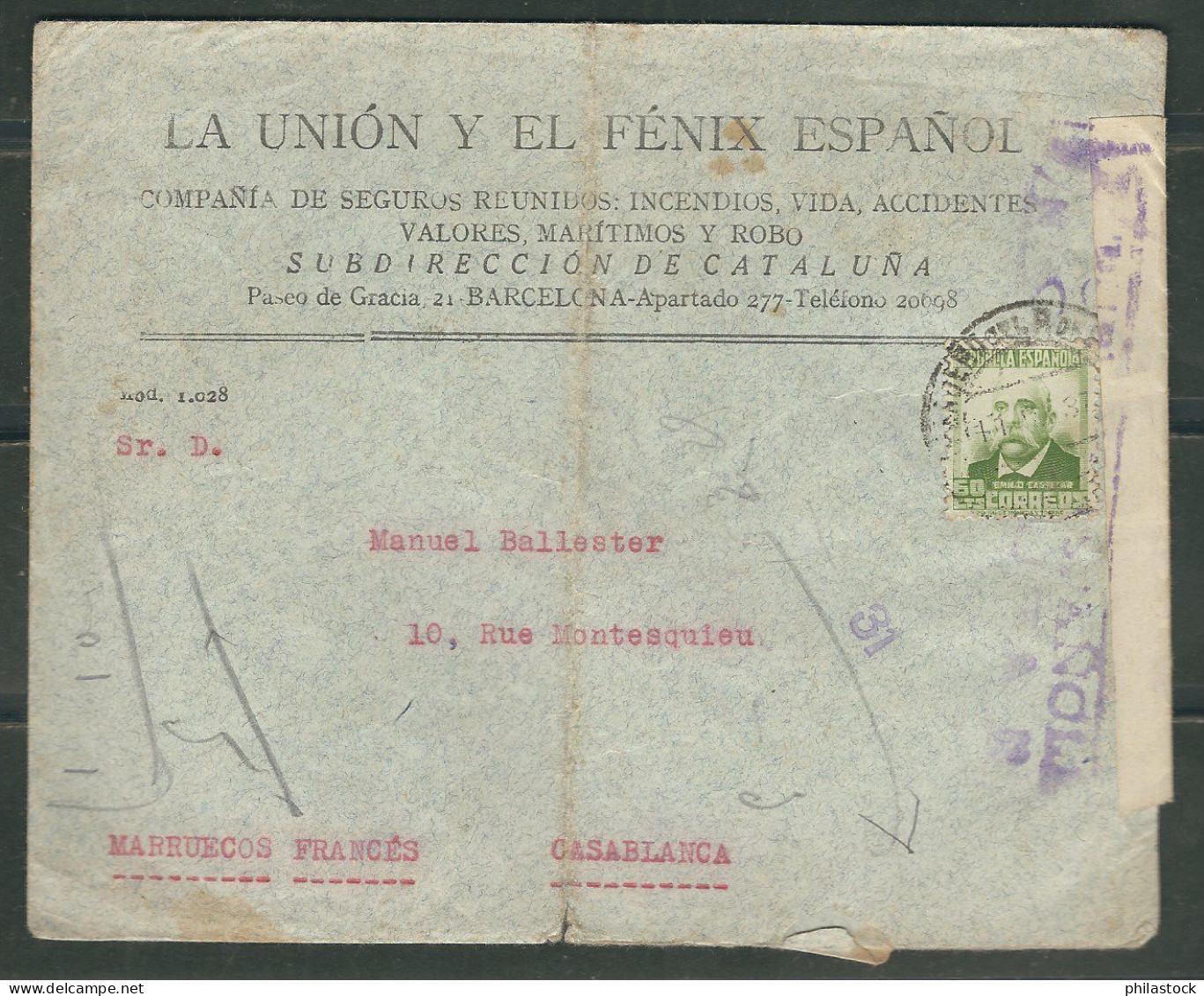 ESPAGNE 1937 Lettre. Censurée De Barcelone Pour Casablanca Maroc - Nationalists Censor Marks