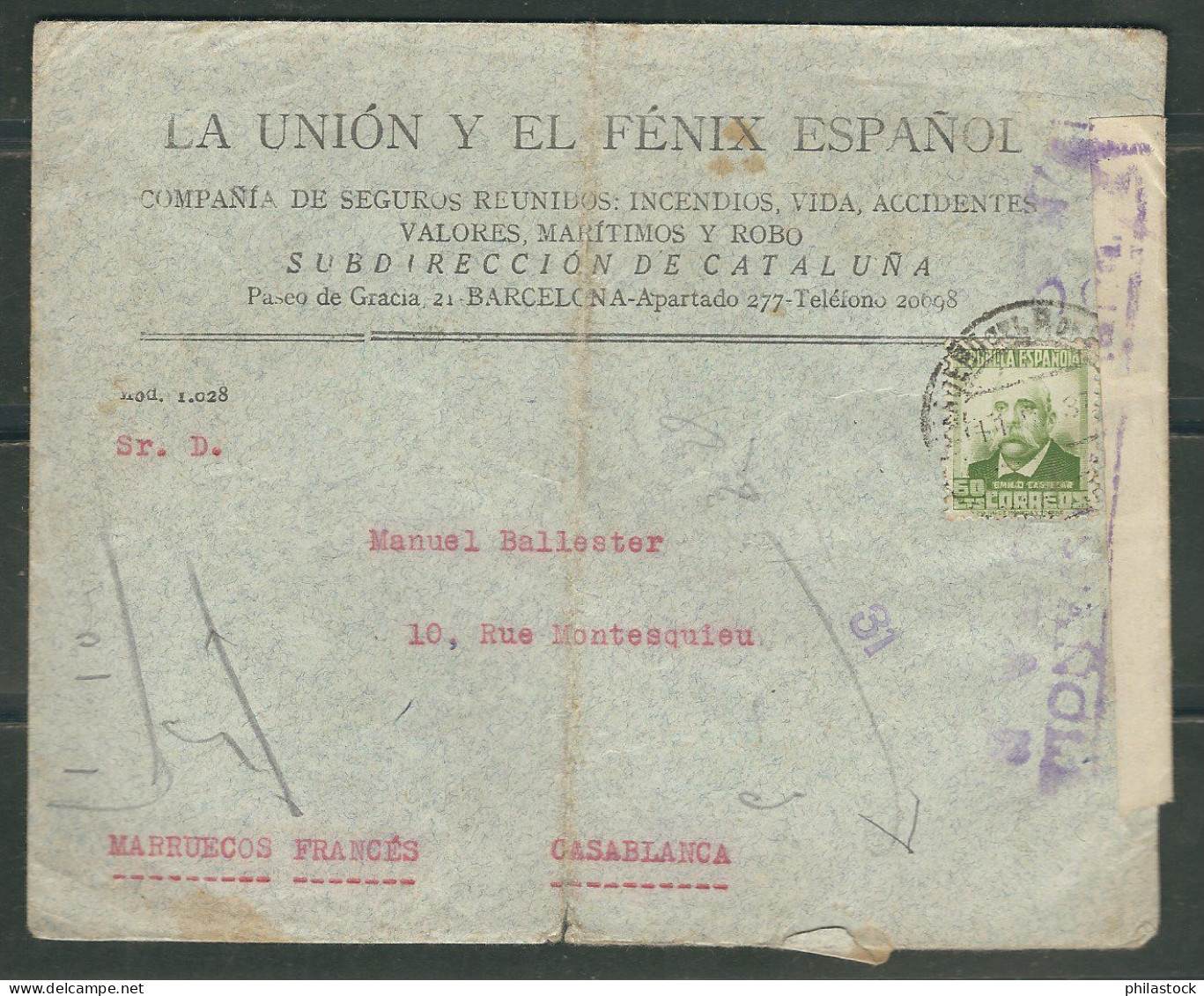 ESPAGNE 1937 Lettre. Censurée De Barcelone Pour Casablanca Maroc - Nationalistische Zensur