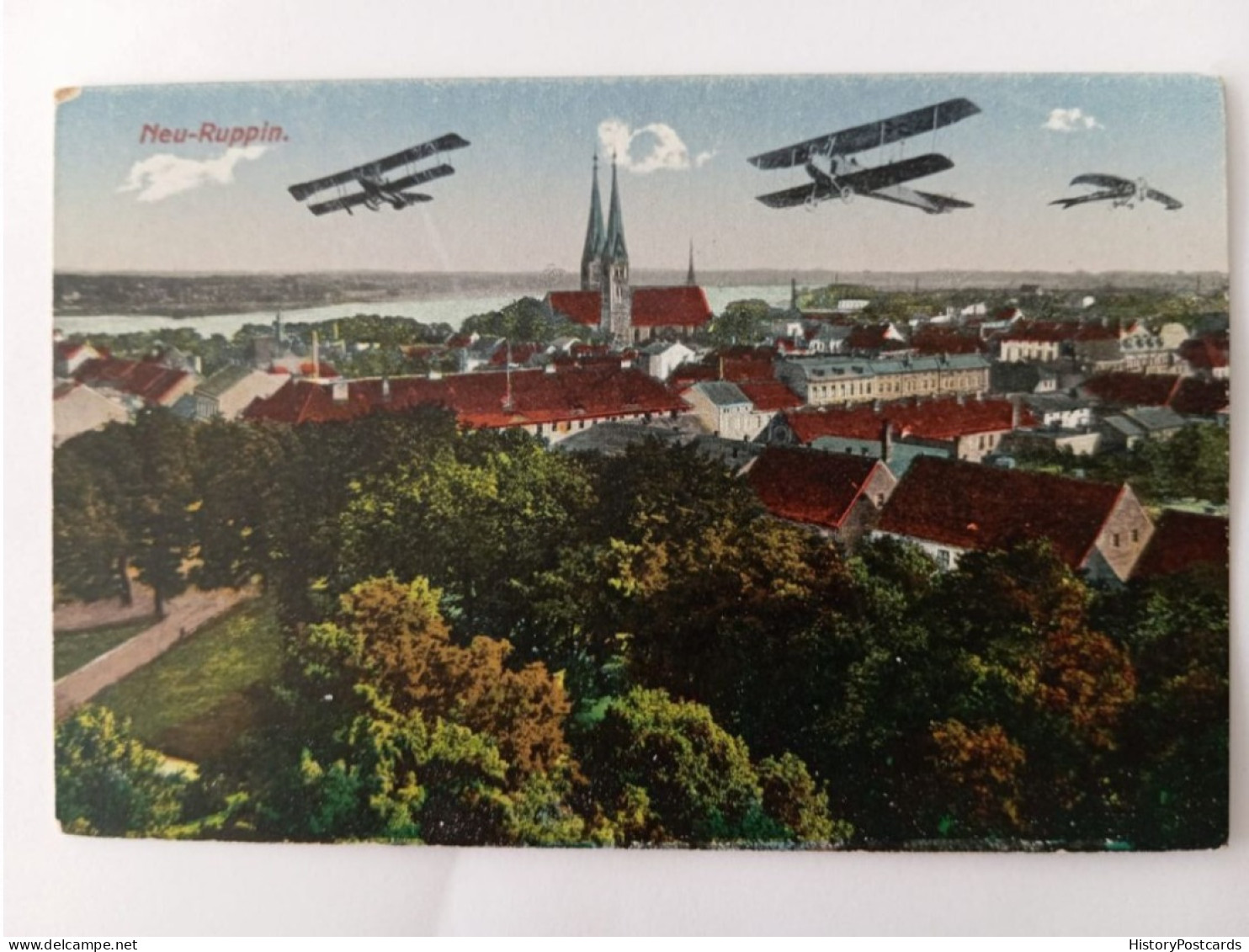Neuruppin, Stadtansicht, Doppeldecker, Flugzeuge über Stadt,, 1910 - Neuruppin
