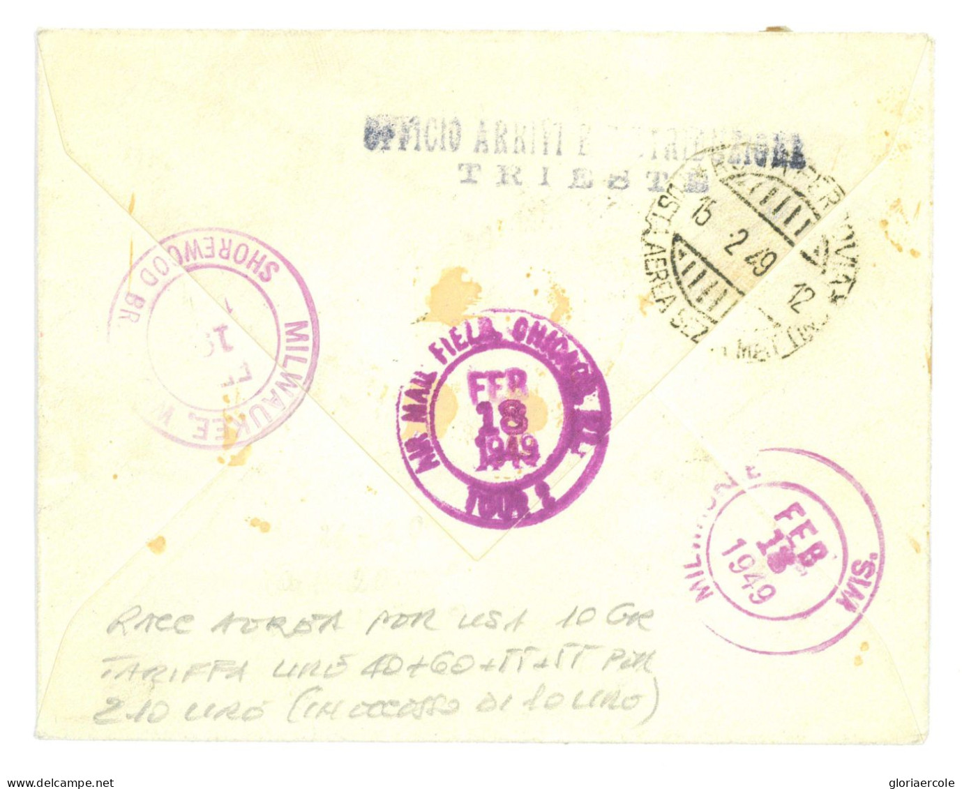 P2673 -  AMG-FTT , L100 RISORGIMENTO + ALTRI, RACCOMANDATA PER GLI USA, 14.2.49 VIA AEREA, ECCESSO DI TARIFFA DI L 10 - Poststempel