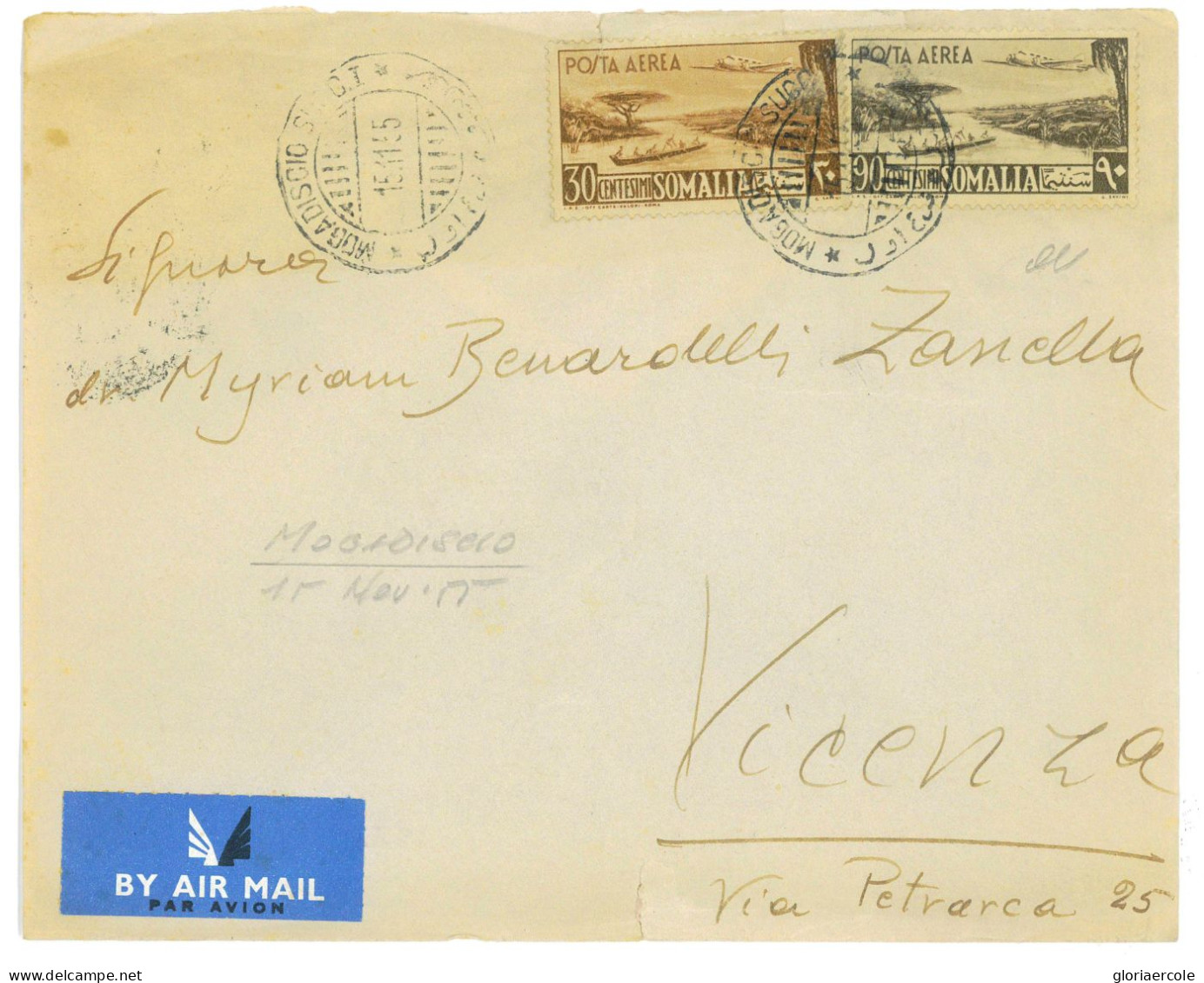 P2676 - SOMALIA AFIS, 15.11.55 LETTERA AEREA PER VICENZA, IN TARIFFA ESATTA.PA 1 + 5 - Somalia (AFIS)