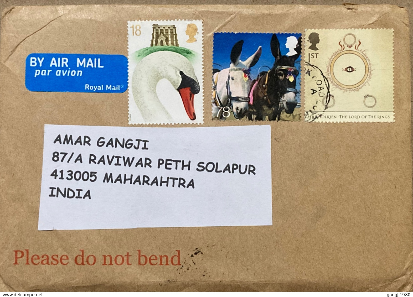 GREAT BRITAN 2024,  COVER USED TO INDIA   DUCK BIRD, HORSE  LORDS OF THE RENG  3 DIFF STAMP. - Non Classificati