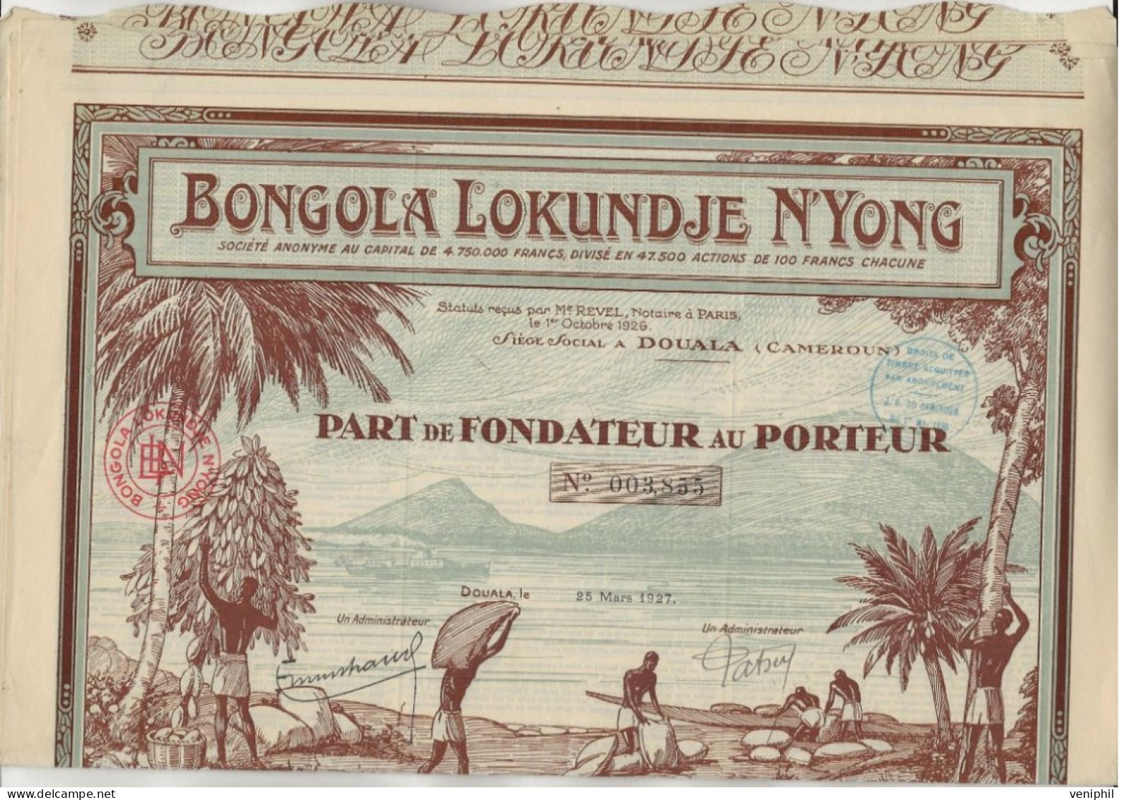 BONGOLA LOKUNDJE N'YONG - DOUALA - CAMEROUN -   LOT DE 5 PARTS DE FONDATEUR  ILLUSTREES- ANNEE 1927 - Africa