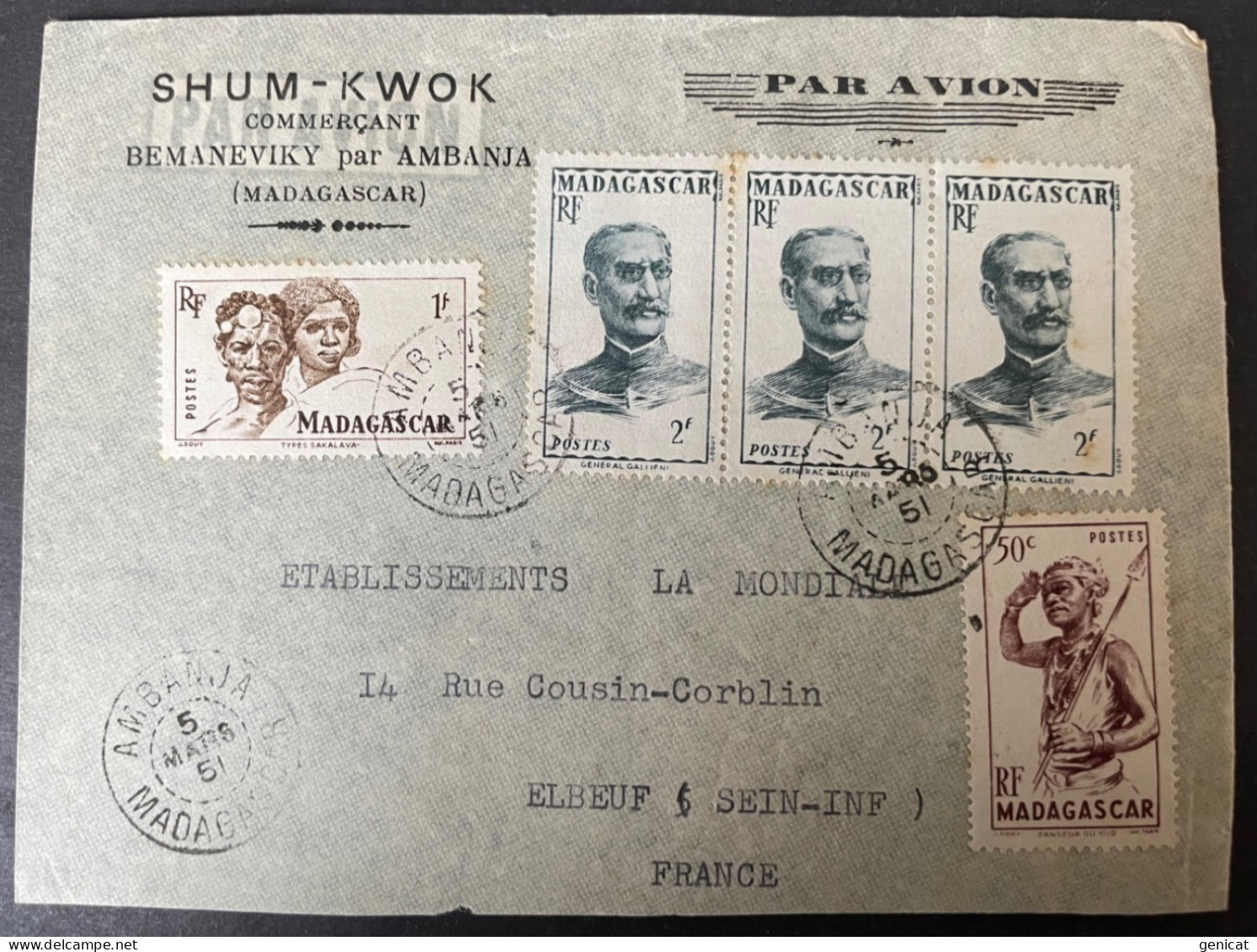 Madagascar Lettre Par Avion A En Tete  "Shum-Kwok" A Ambanja 1951 Pour Elbeuf - Brieven En Documenten