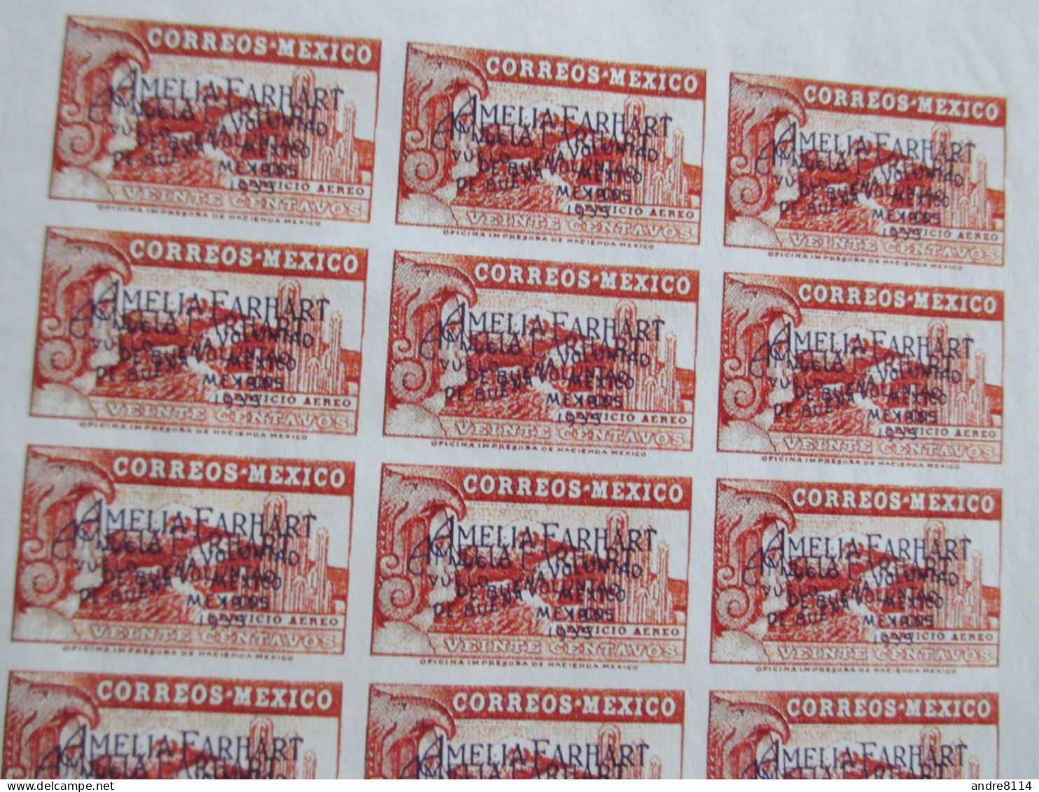 1935 Mexico SC#C74 20c Double Ovpt Being A Hialeah Reproduction Issue On Thick Paper Gummed Page For Study Only RS - Viñetas De Fantasía