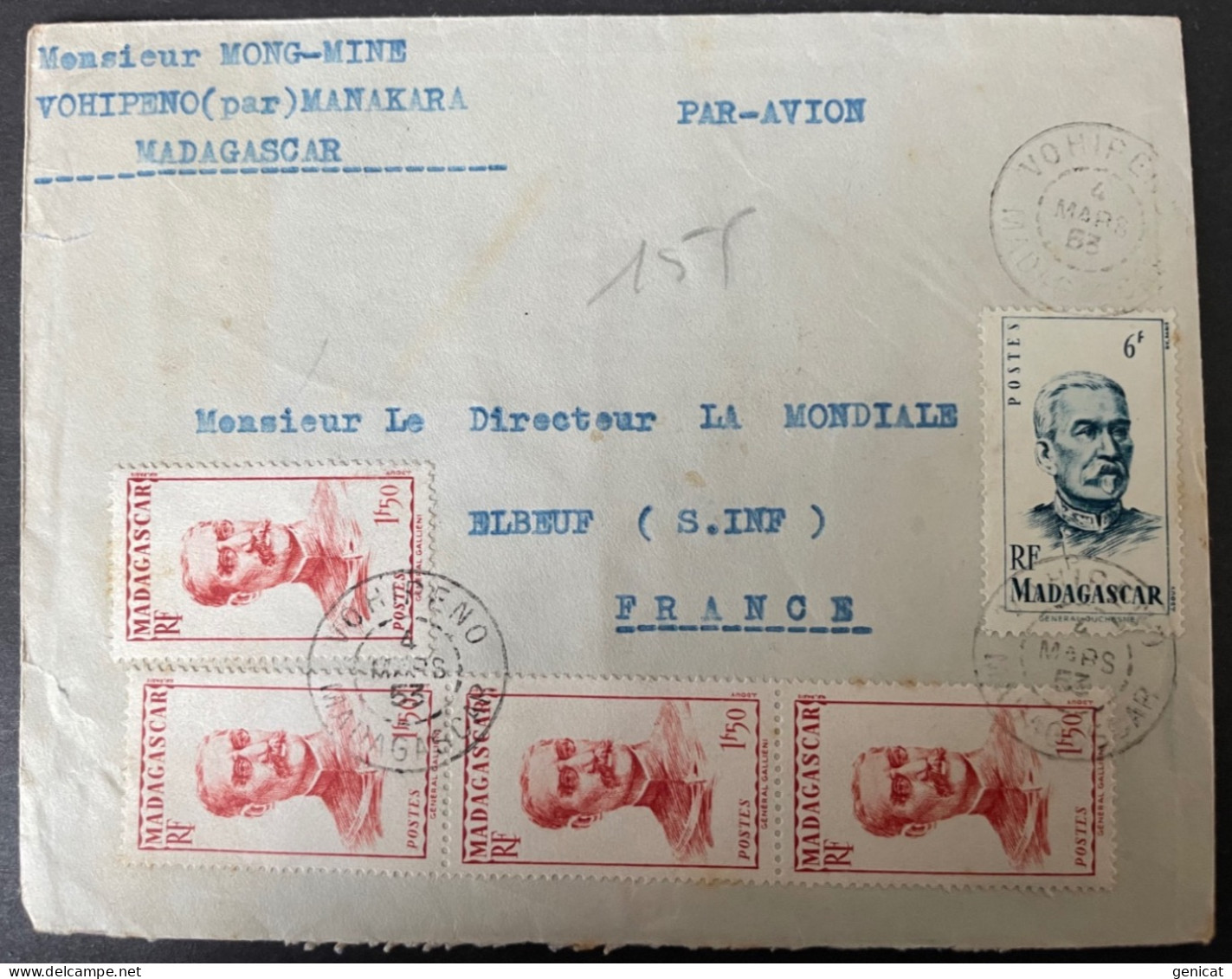 Madagascar Lettre Par Avion De Vohipeno  1953  Pour Elbeuf Complément Au Verso - Brieven En Documenten
