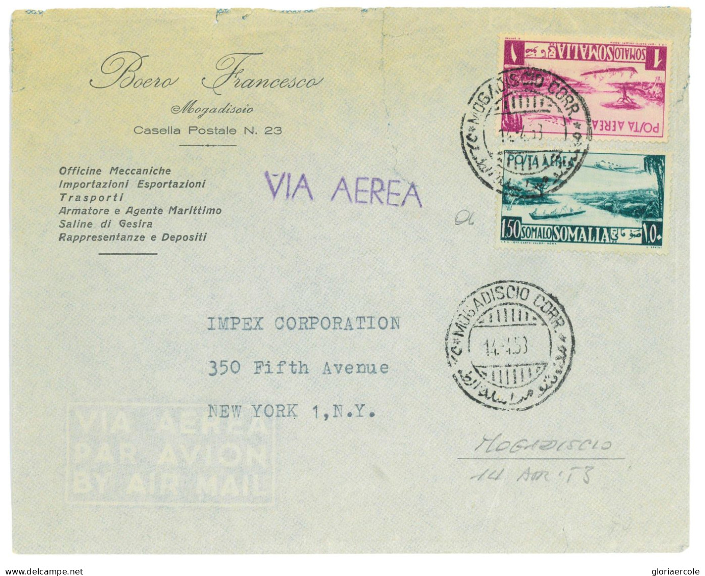 P2677 - SOMALIA AFIS , S1 E 1,50 PER LETTERA COMMERCIALE , DESTINAZIONE N.YORK 14.4.1953 - Somalia (AFIS)