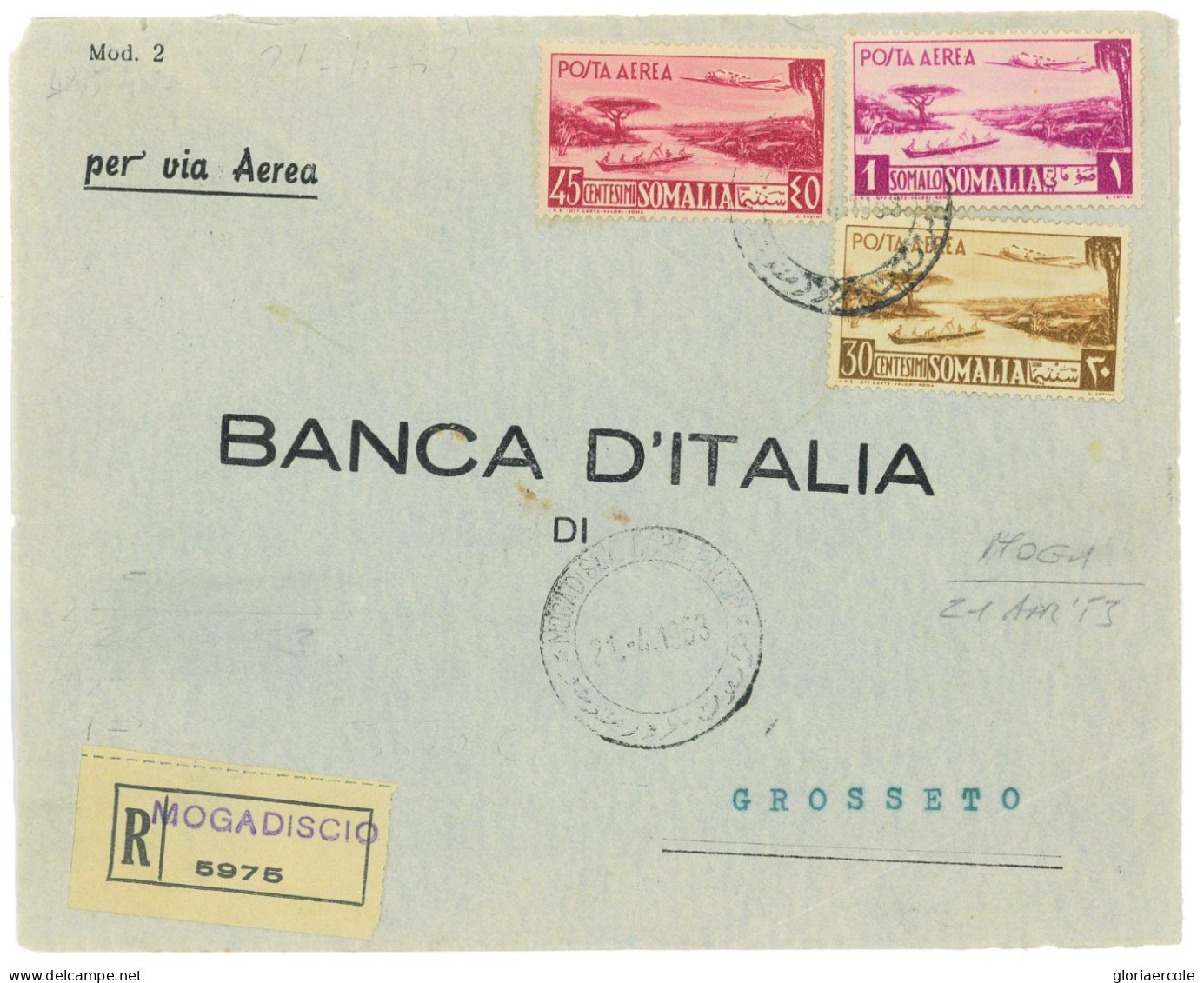 P2679 - SOMALIA AFIS , POSTA AEREA, 0,30,045 E S. 1. RACCOMANDATA VIA AEREA PER GROSSETO 21.4.53 - Somalië (AFIS)