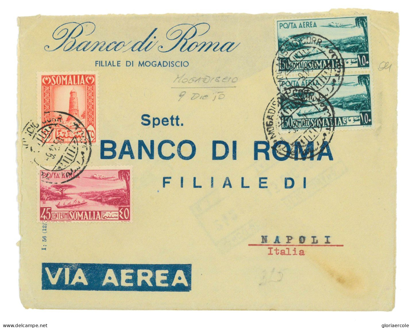 P2680 - SOMALIA AFIS , BELLISSIMA TRICOLORE, PA 0,45 E S 1,50(X2) 9.12.50 LETTERA TRIPLO PORTO PER NAPOLI - Somalia (AFIS)