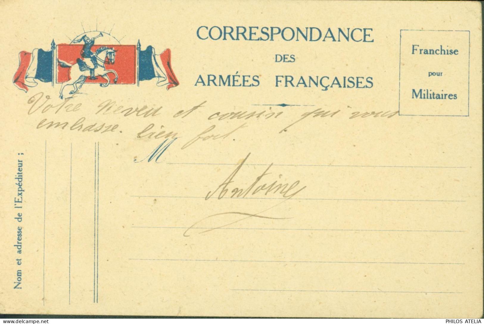 Guerre 14 CP FM Carte Correspondance Armées Françaises Franchise Militaire Cavalier Clairon Drapeaux Français Soleil - Oorlog 1914-18