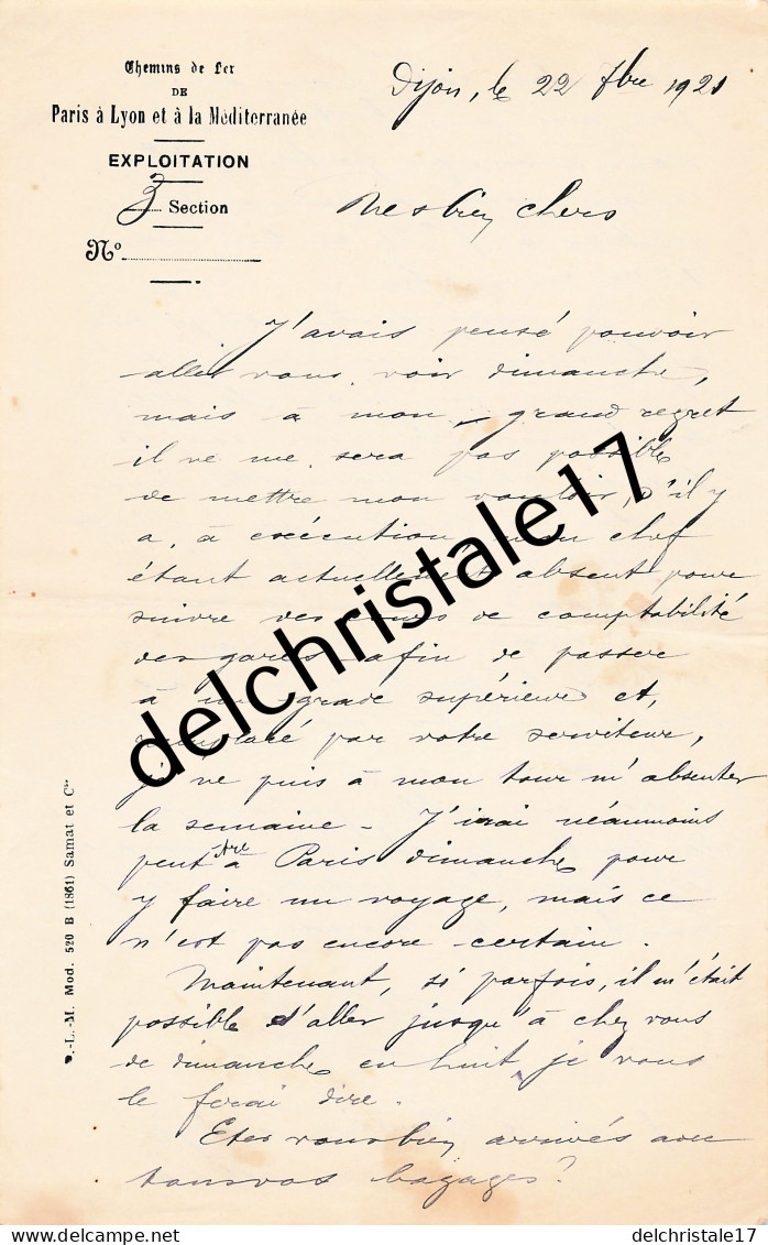 21 0217 DIJON COTE D'OR 1921 Correspondance Sur Entente Chemin De Fer De Paris à Lyon & Méditerranée  - Otros & Sin Clasificación