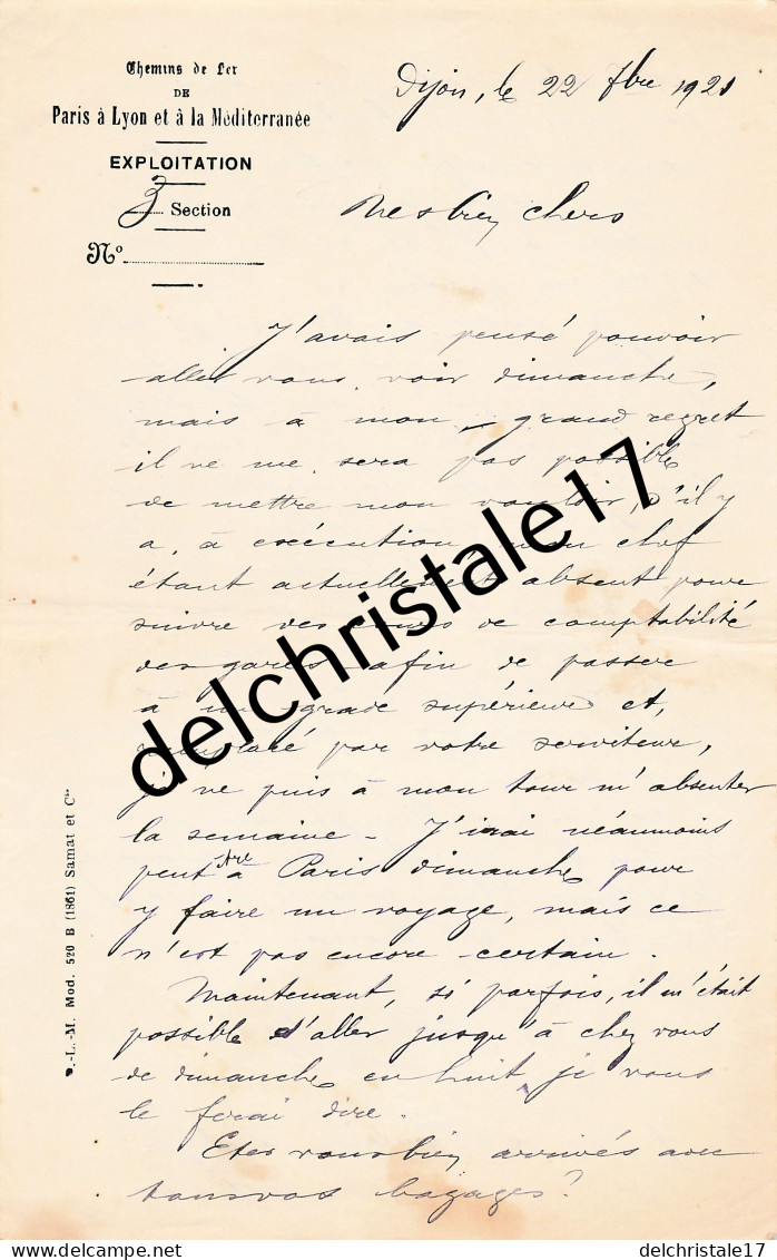 21 0217 DIJON COTE D'OR 1921 Correspondance Sur Entente Chemin De Fer De Paris à Lyon & Méditerranée  - Other & Unclassified