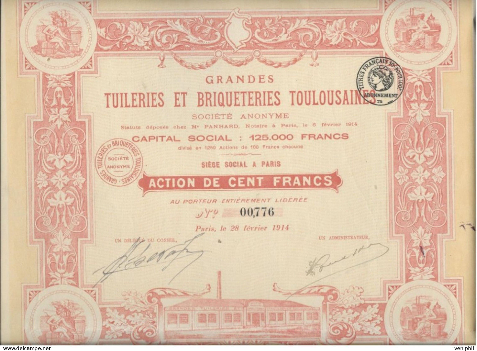 GRANDES TUILERIES ET BRIQUETERIES TOULOUSAINES-DIVISE EN 1250 ACTIONS ILLUSTREES  DE 100 FRS - ANNEE 1914 - Miniere