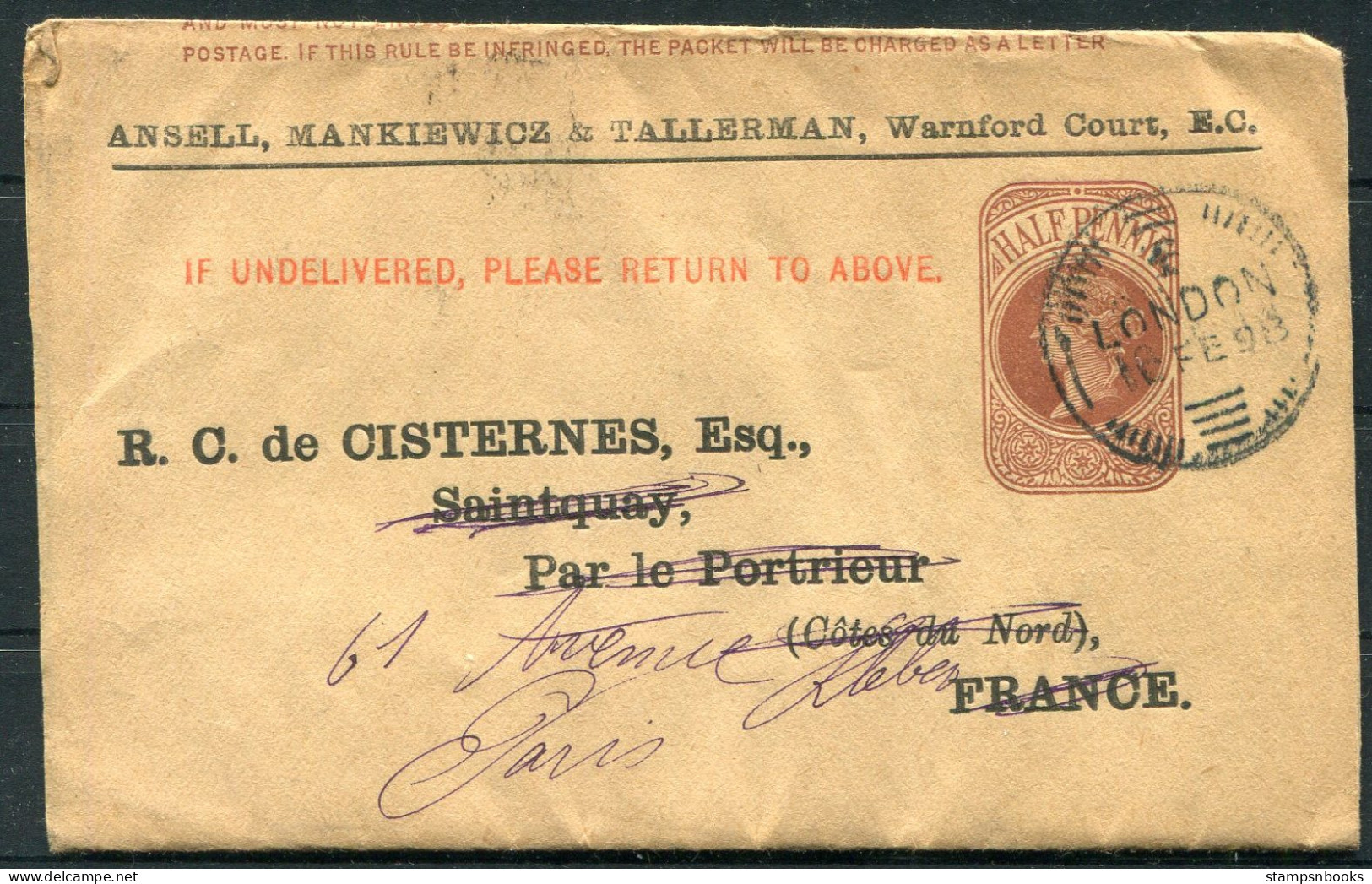 1898 GB Ansell, Mankiewicz & Tallerman Stationery Wrapper - St. Quay Portrieux, Cotes Du Nord Redirected - Paris France - Briefe U. Dokumente
