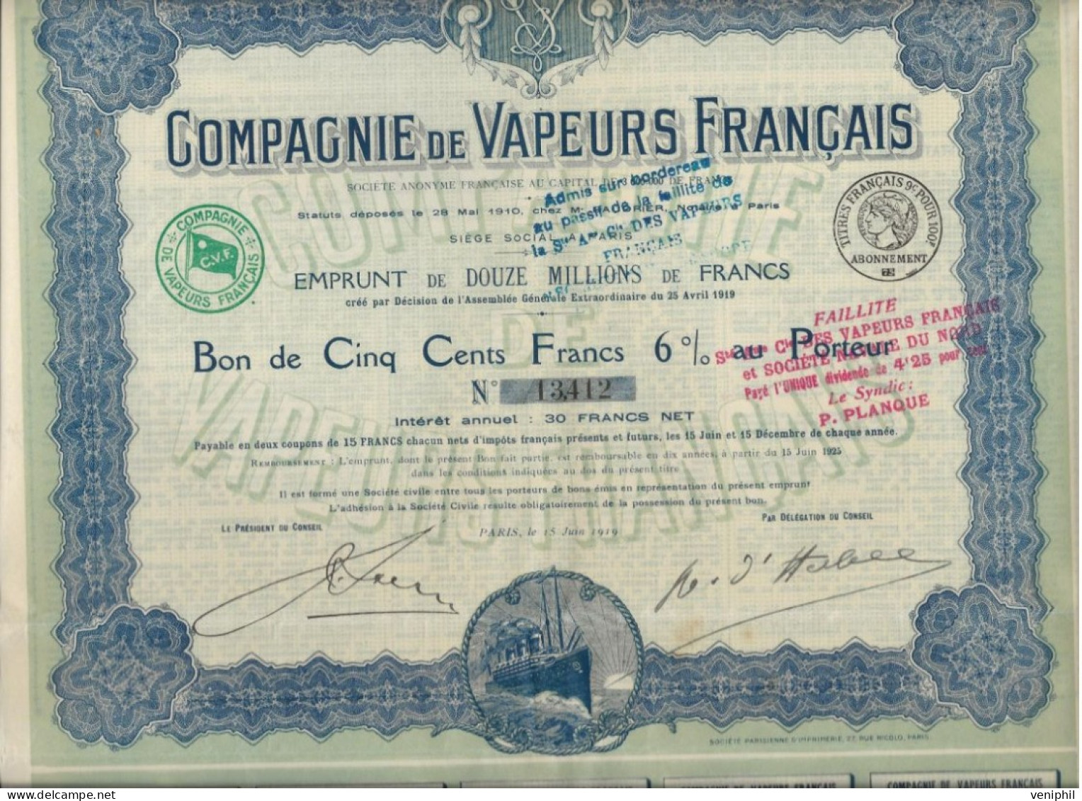 COMPAGNIE DE VAPEURS FRANCAIS - BON DE CINQ CENT FRANCS  6 % ILLUSTREE - ANNEE 1919 - Navigation