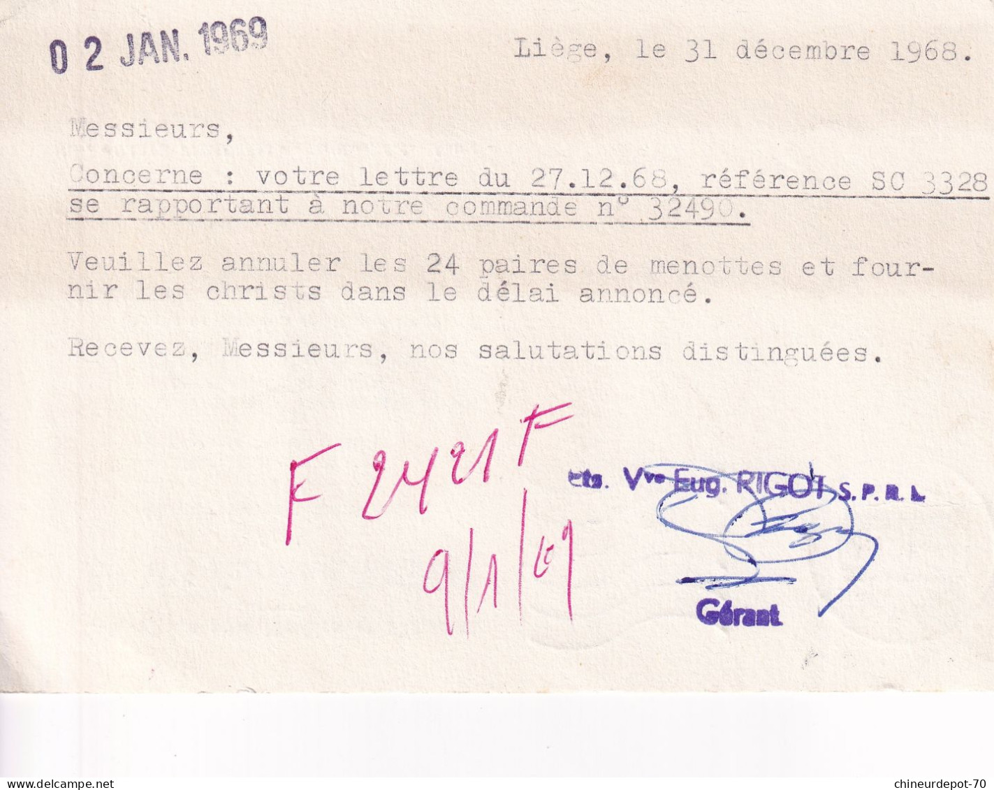 Quincaillerie  Pour Meubles Et Bâtiments Vve Eugène Rigot S.P.R.L 46 Rue Mathieu Laensbergh Liège 1969 - Lettres & Documents