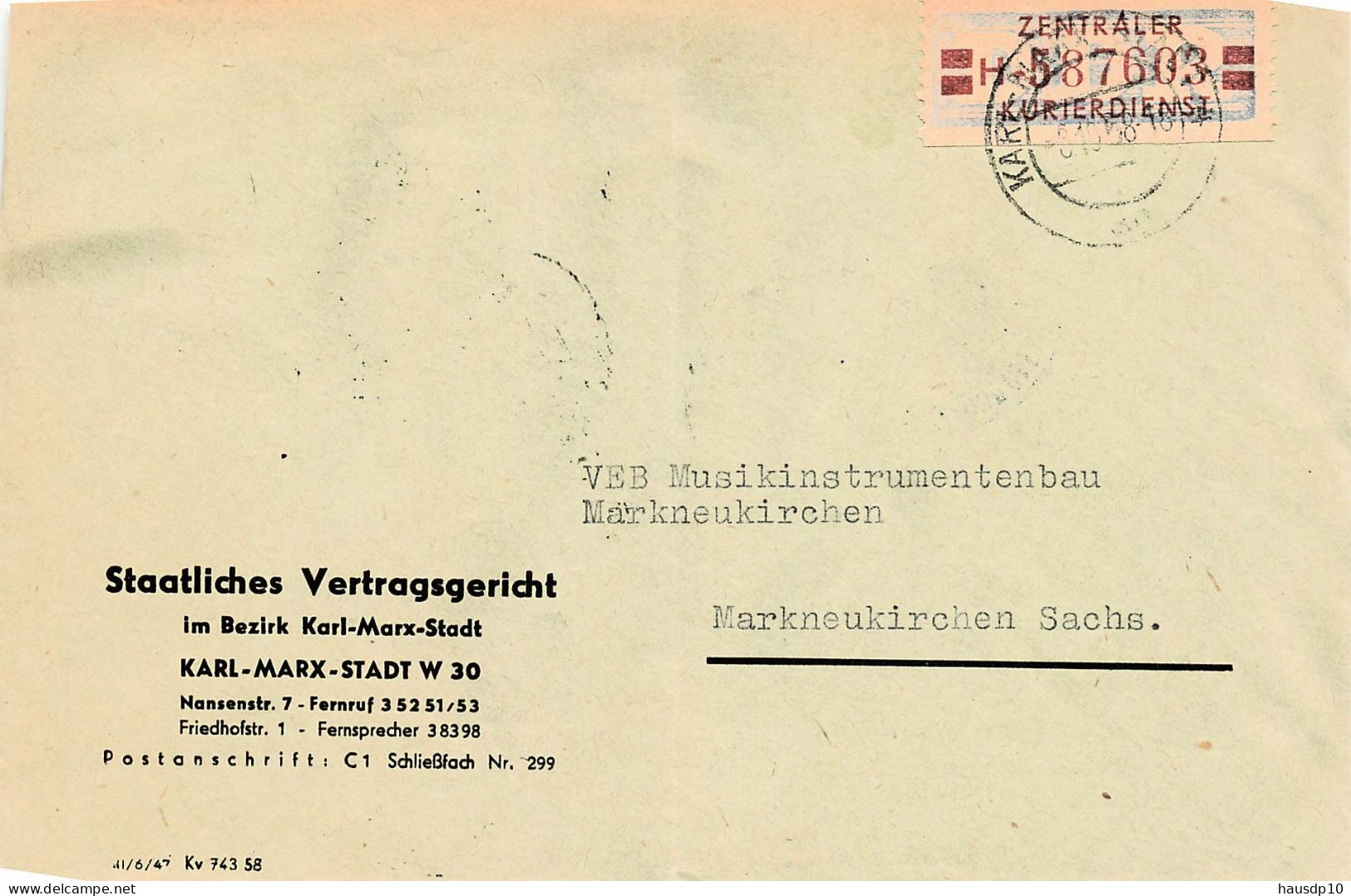 DDR Brief Dienst EF Staatliches Vertragsgericht Karl Marx Stadt ü. Klingenthal Nach Markneukirchen 1958 - Covers & Documents