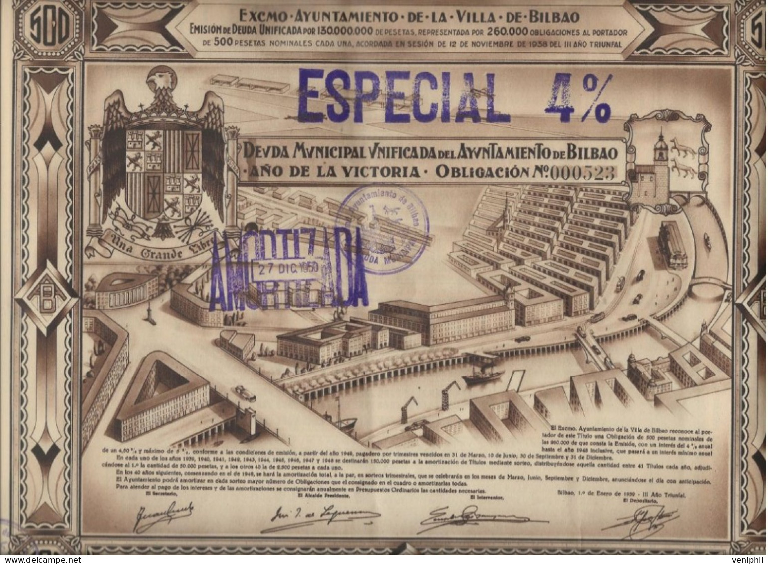 ESPAGNE - OBLIGATION 500 PESETAS -DETTE MUNICIPALE UNIFIEE  DE LA MAIRIE DE BILBAO  -ANNEE 1939 - Andere & Zonder Classificatie