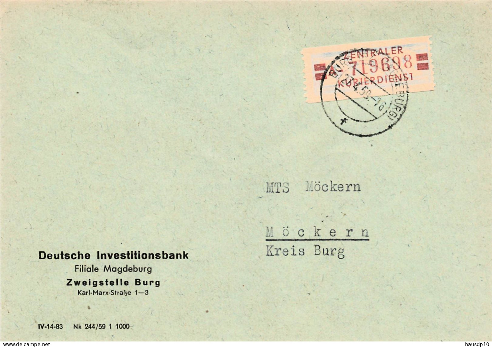 DDR Brief Dienst EF Deutsche Investitionsbank Magdeburg Burg N. Möckern 1959 - Briefe U. Dokumente