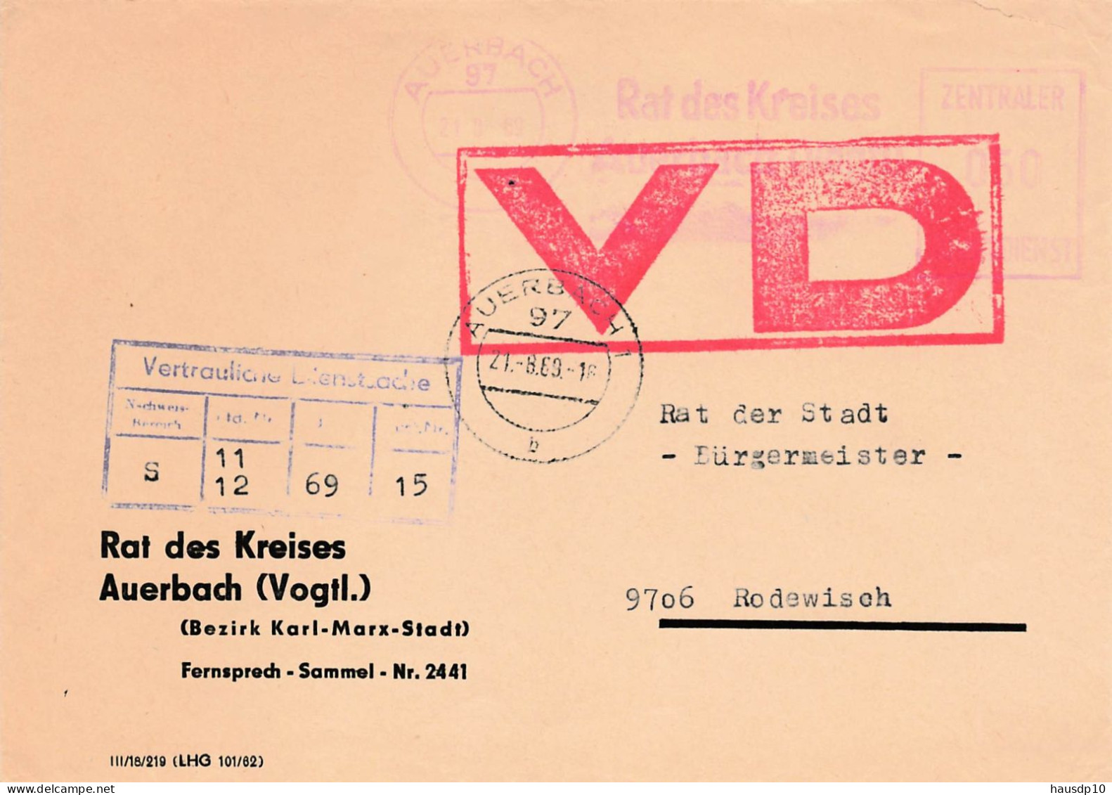 DDR Brief Dienst VD Afs Rat Des Kreises Auerbach 1969 N. Rodewisch - Briefe U. Dokumente