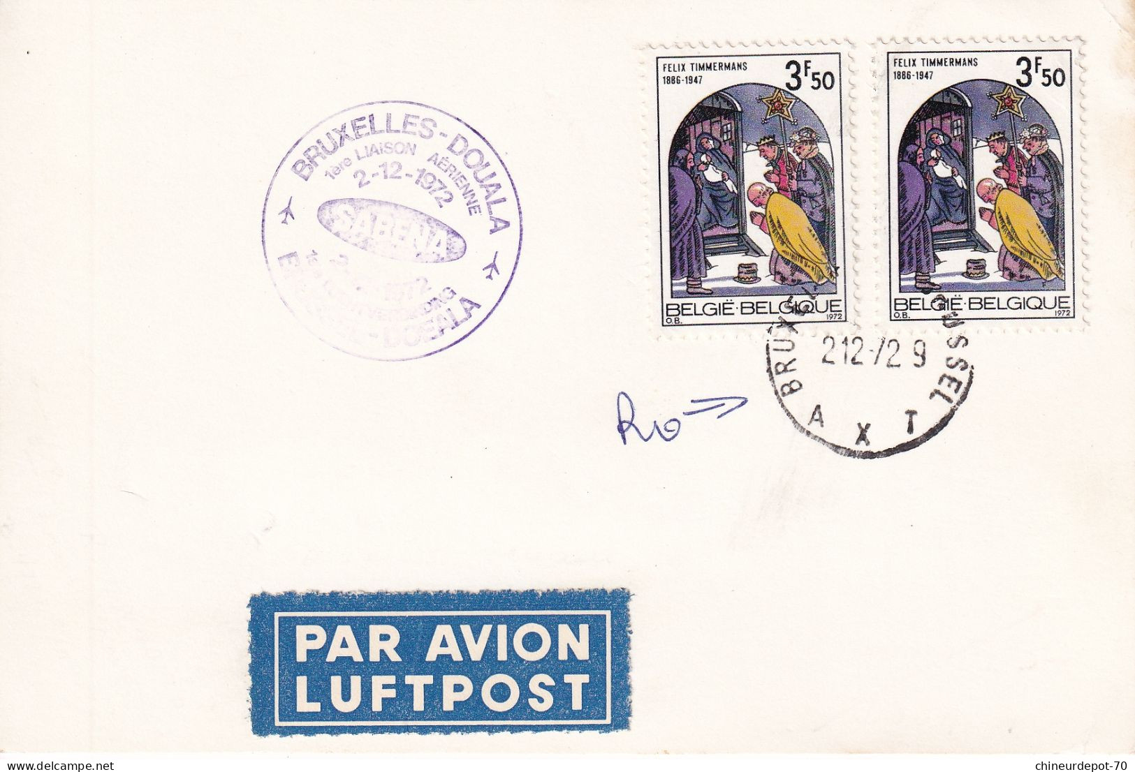 Bruxelles Douala SABENA  Par Avion LUFTPOST  1972 - Lettres & Documents