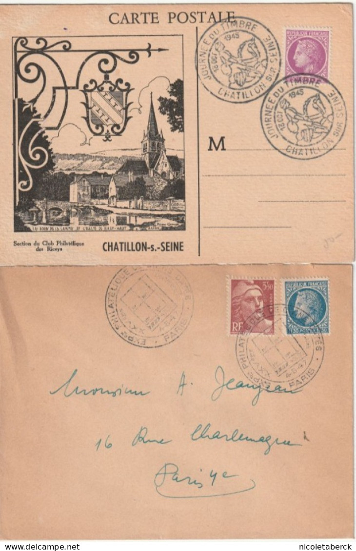 Cérès De Mazelin, Carte De Chatillon Sur Seine 1er Jour 1945, Lettre Oblitération  Coins Datés. Collection BERCK. - 1945-47 Ceres De Mazelin