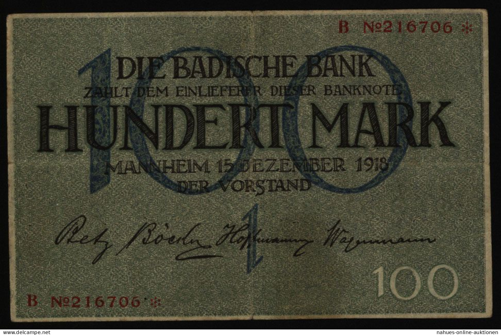 Geldschein Banknote Baden 6 100 Mark Mannheim 15.12.1918 II - Andere & Zonder Classificatie