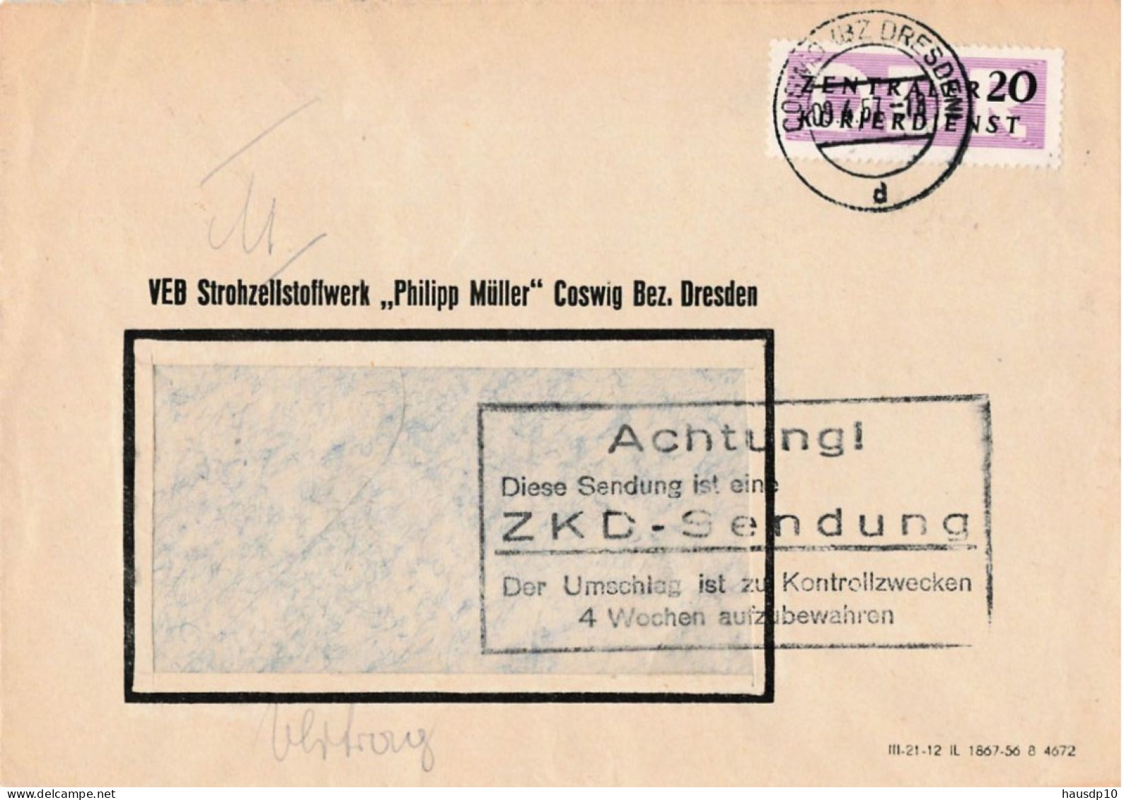 DDR Brief Dienst EF VEB Strohzellstoffwerk Philipp Müller Coswig 1957 - Cartas & Documentos