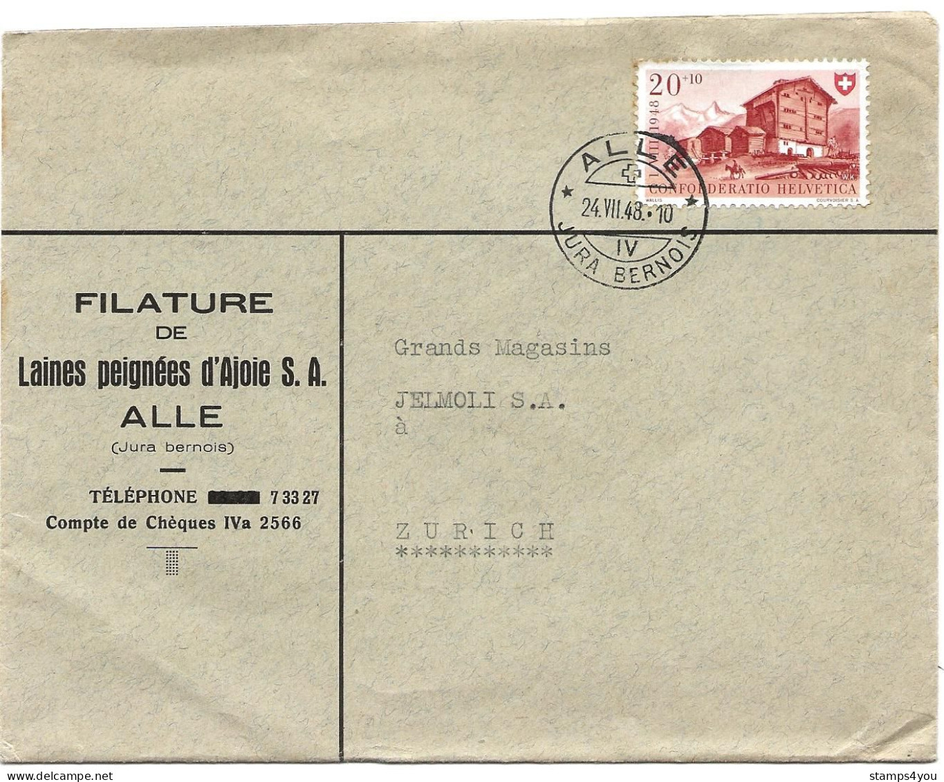 79 - 31 - Enveloppe Avec Timbre Pro Patria 1948 - Superbe Cachet à Date Alle Jura Bernois 1948 - Briefe U. Dokumente