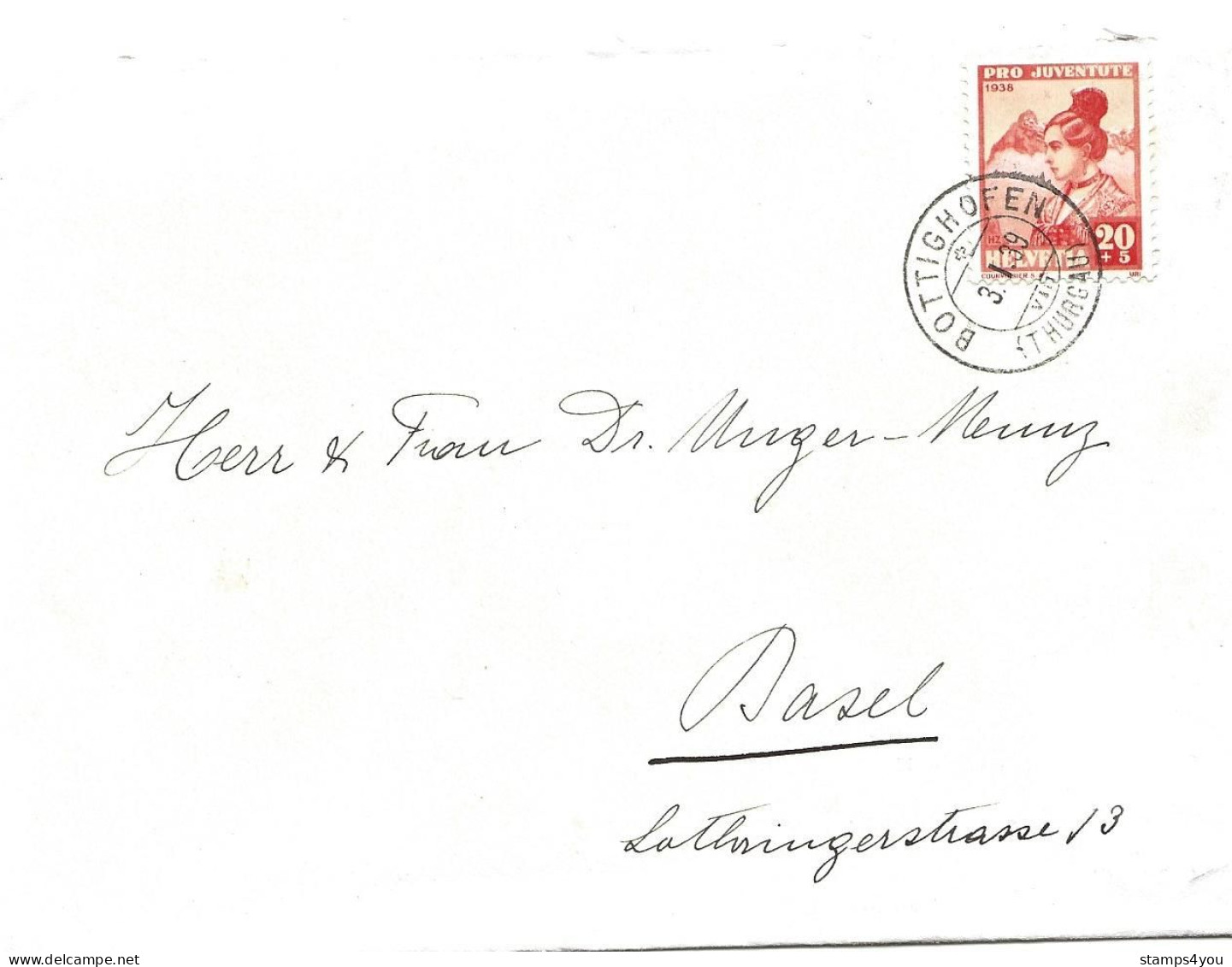 79 - 18 - Enveloppe Avec Timbre Pro Juventute 1938 - Superbe Cachet à Date Bottighofen 1939 - Brieven En Documenten