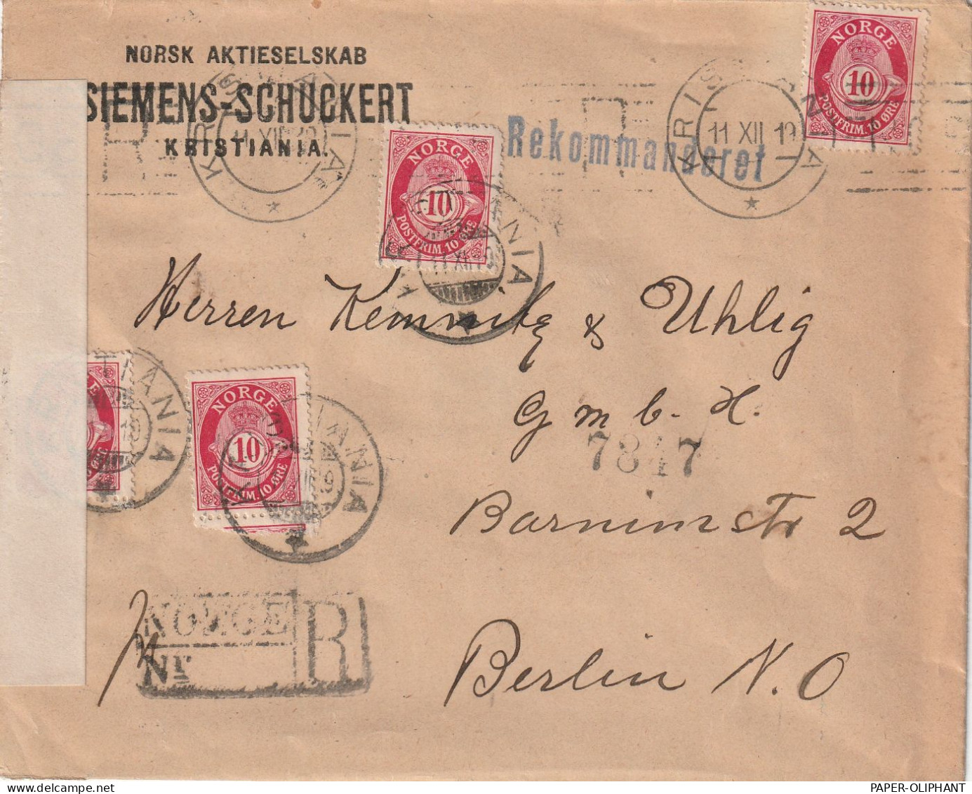 NORGE / NORWEGEN - 1919, Posthorn 10 Öre  (4), R-Brief, Kristiana - Berlin, Geprüft Gem. Verordnung V 15.11.1918 - Lettres & Documents