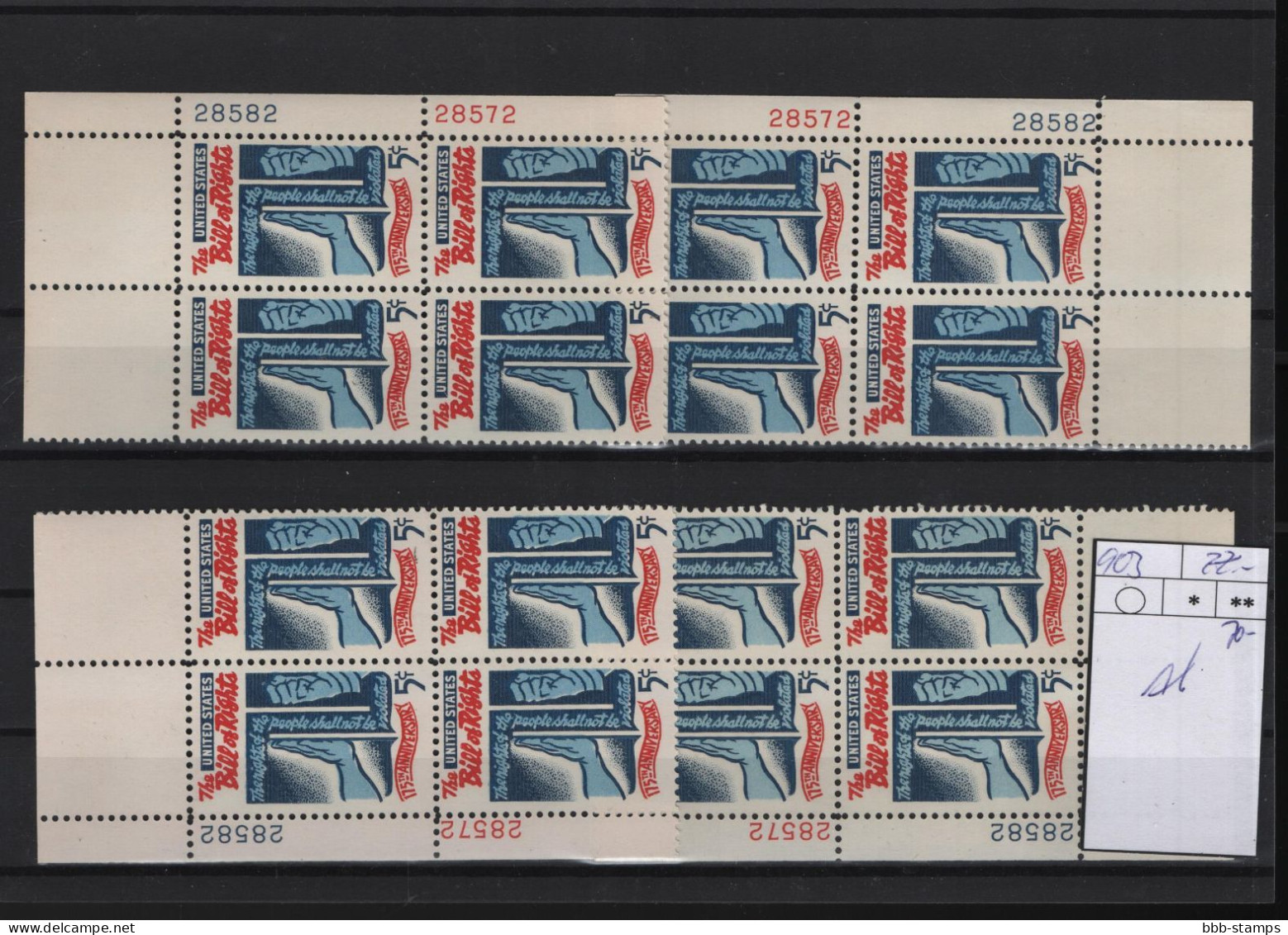 USA Michel Cat.No. Mnh/** 903 Different Positions And Different Plate Nos - Numero Di Lastre