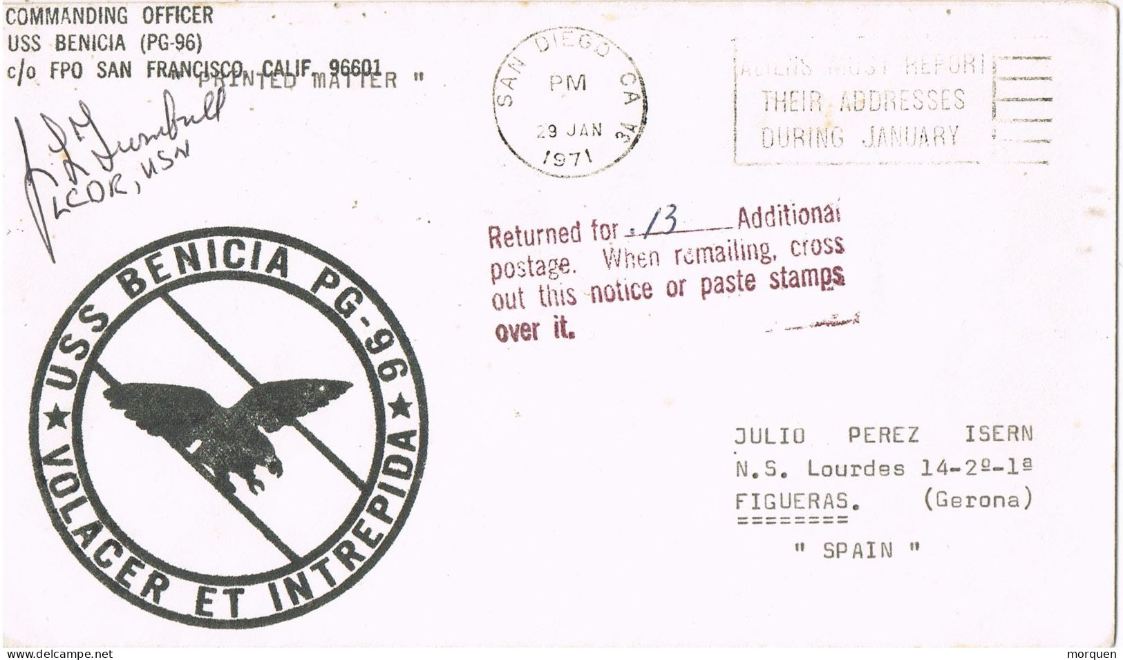 54188. Carta SAN DIEGO (California) 1971. USS Venicia. Cañonero, Corbeta. Additional Postahe 13 - Storia Postale