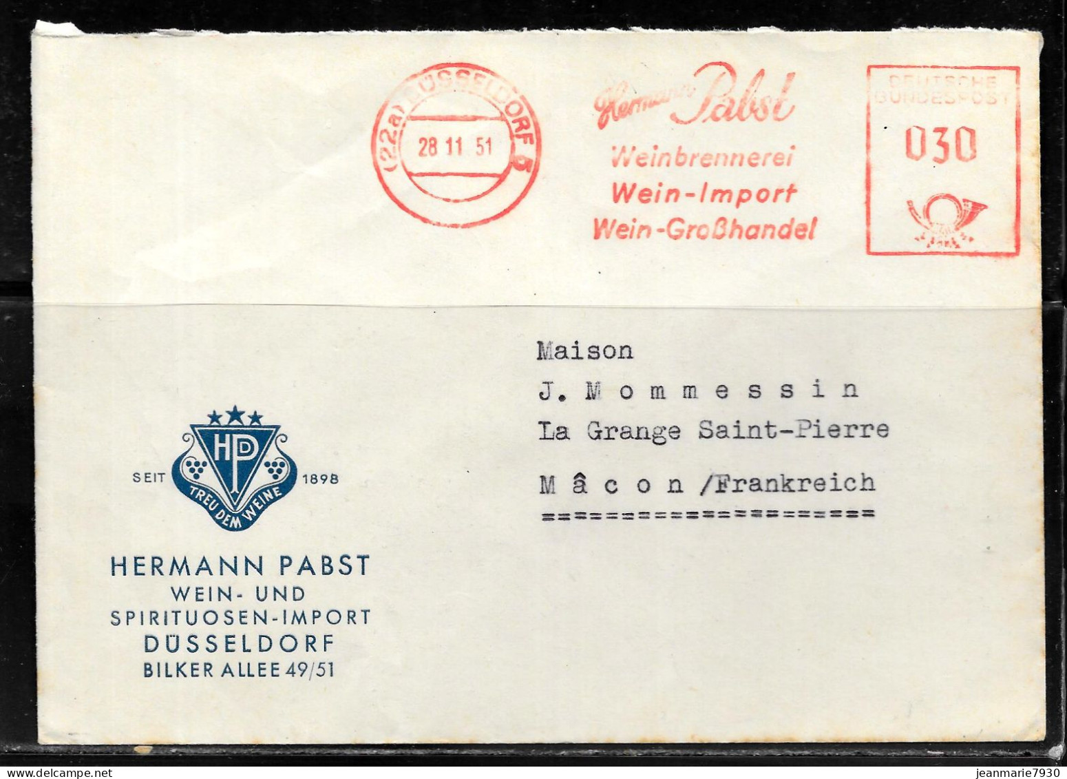 N287 - ALLEMAGNE - LETTRE DE DUSSELDORF DU 28/11/1951 POUR MACON FRANCE - - Frankeermachines (EMA)