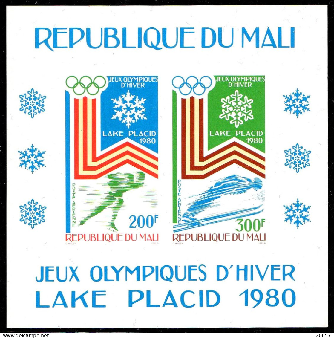 Mali Bf 012 Imperforé J.O Lake Placid 1980 , Course De Vitesse En Patins à Glace , Saut à Skis , Anneaux Olympiques - Hiver 1980: Lake Placid