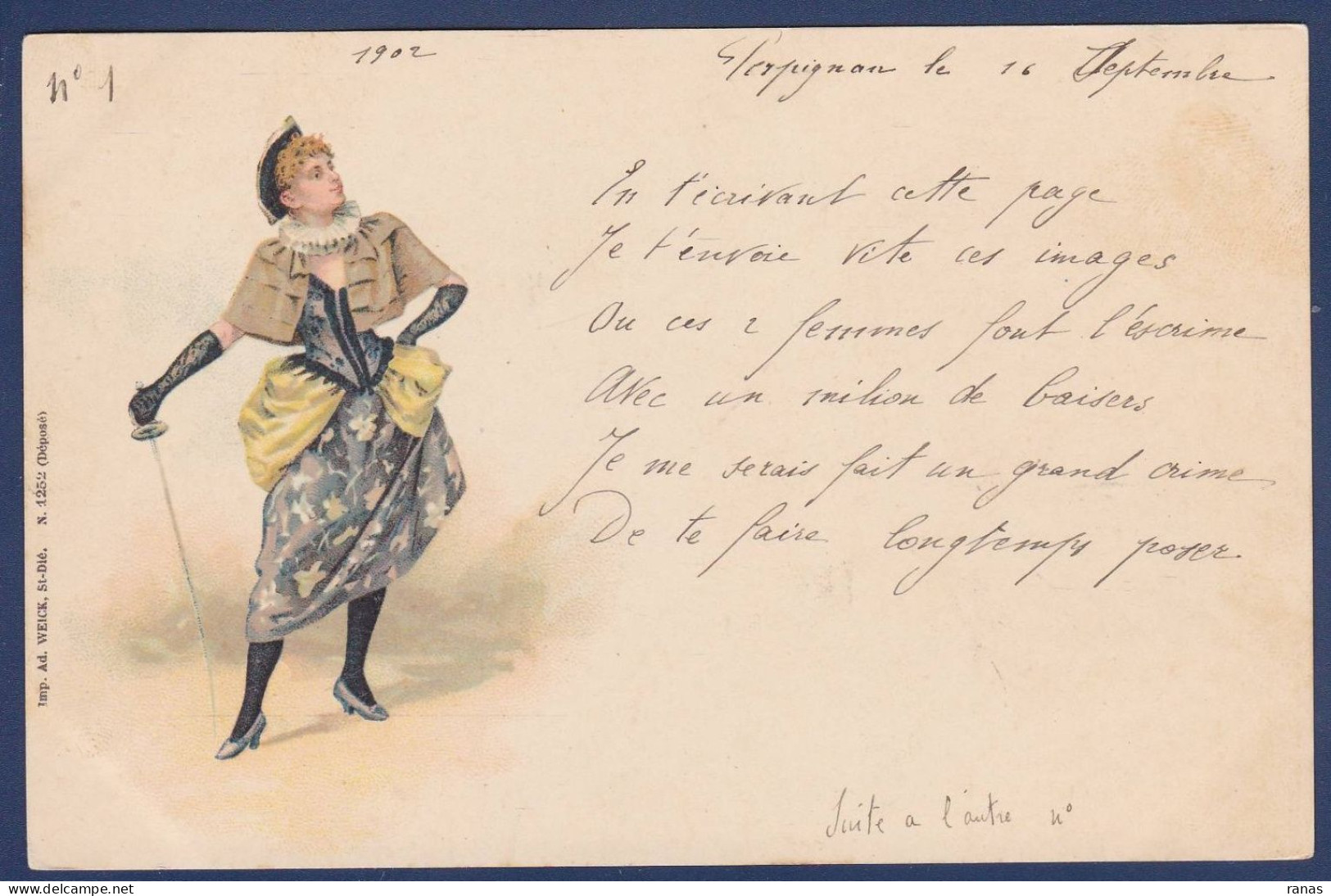 CPA Escrime Femme Woman Duel Circulé Litho - Escrime