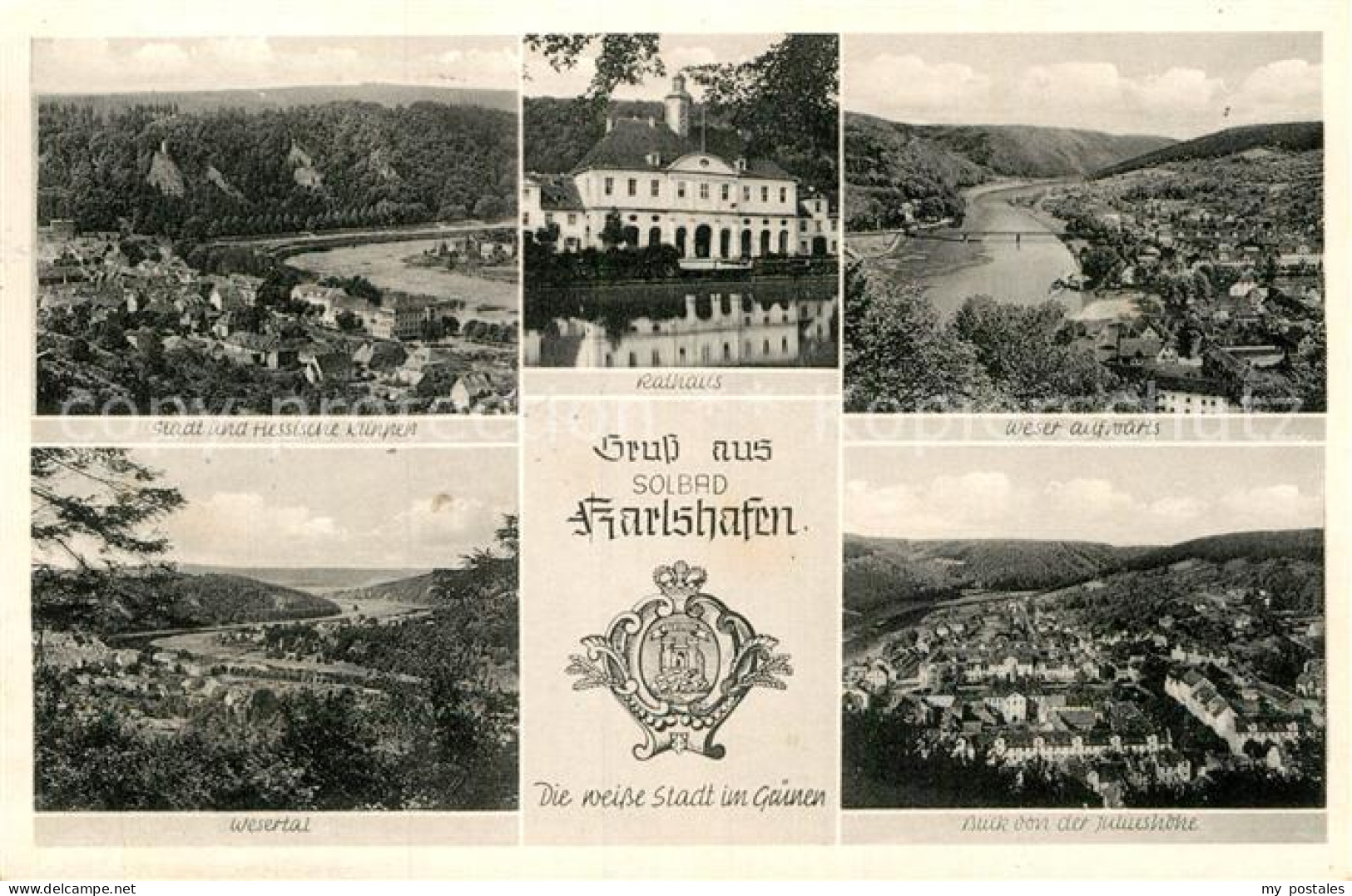 72979549 Karlshafen Bad Stadtpanorama Hessische Klippen Wesertal Rathaus Wappen  - Bad Karlshafen