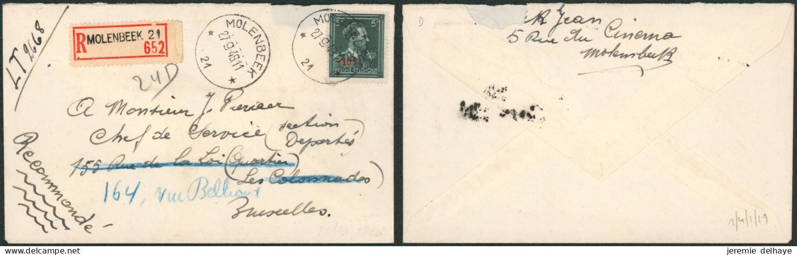 Col Ouvert -10% Sur L. En Recommandé + Obl Agence "Molenbeek 21" (1949) > Bruxelles. - Postmarks With Stars