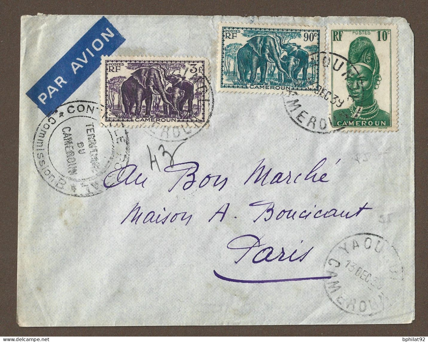 !!! CAMEROUN, LETTRE PAR AVION POUR PARIS AVEC CACHET DE YAOUNDE ET MARQUE DE CONTRÔLE POSTAL, DU 13 DÉCEMBRE 1939 - Luchtpost