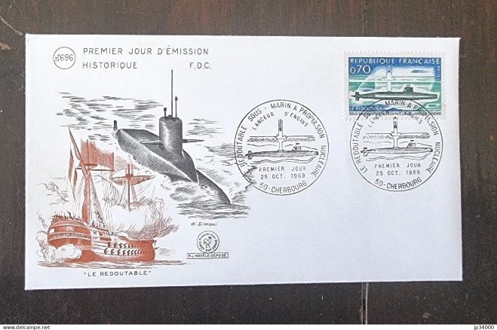 FRANCE Le Redoutable, Sous Marin. Yvert N° 1615. FDC, 1er Jour 1969 Cachet Cherbourg - Submarinos
