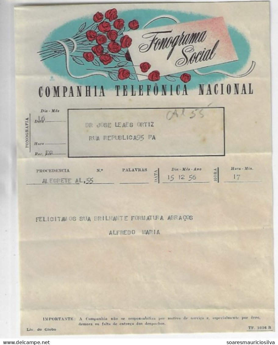 Brazil 1956 Telegram Phonogram + Cover National Telephone Company Shipped In Porto Alegre Bouquet Flower Rose - Covers & Documents