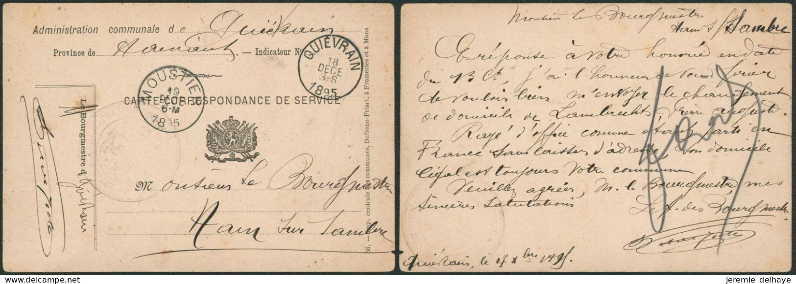 Carte-correspondance De Service (n°56) Administration Communale De Quiévrain (1895) > Ham-sur-sambre Via Moustier - Franquicia