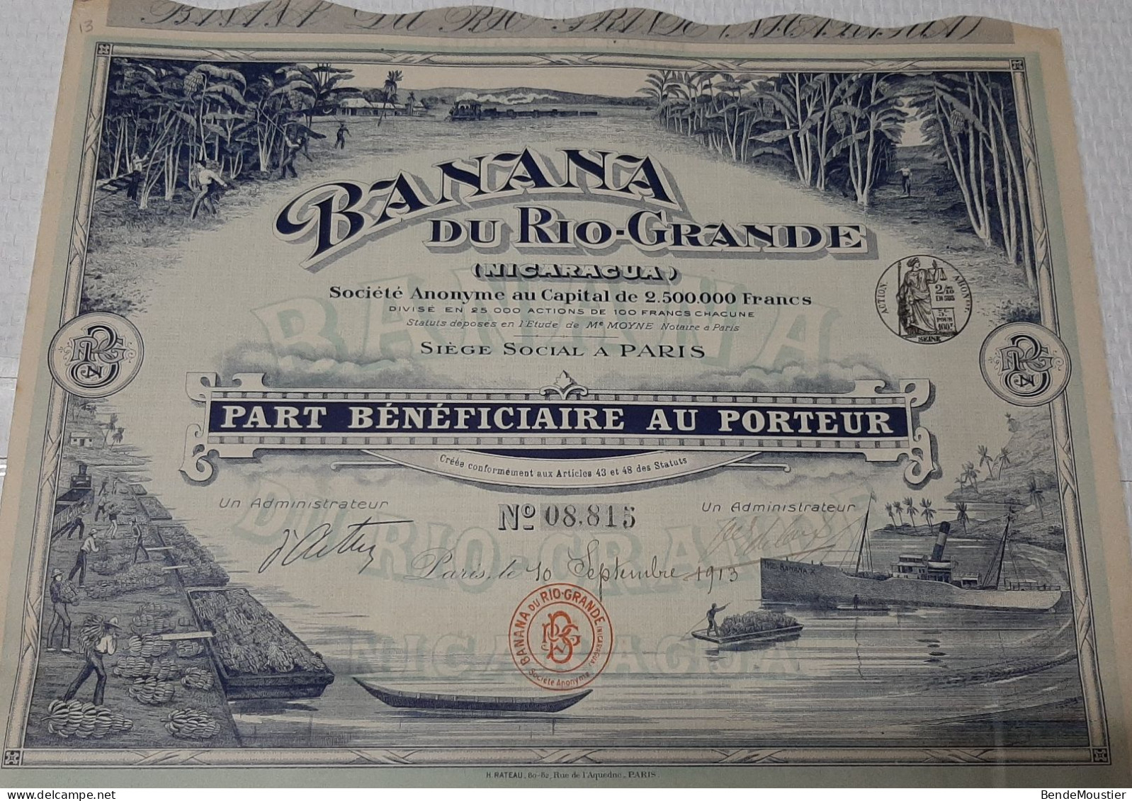 Banana Du Rio-Grande - Nicaragua - Part Bénéficiaire Au Porteur - Paris 1913. - Agricultura