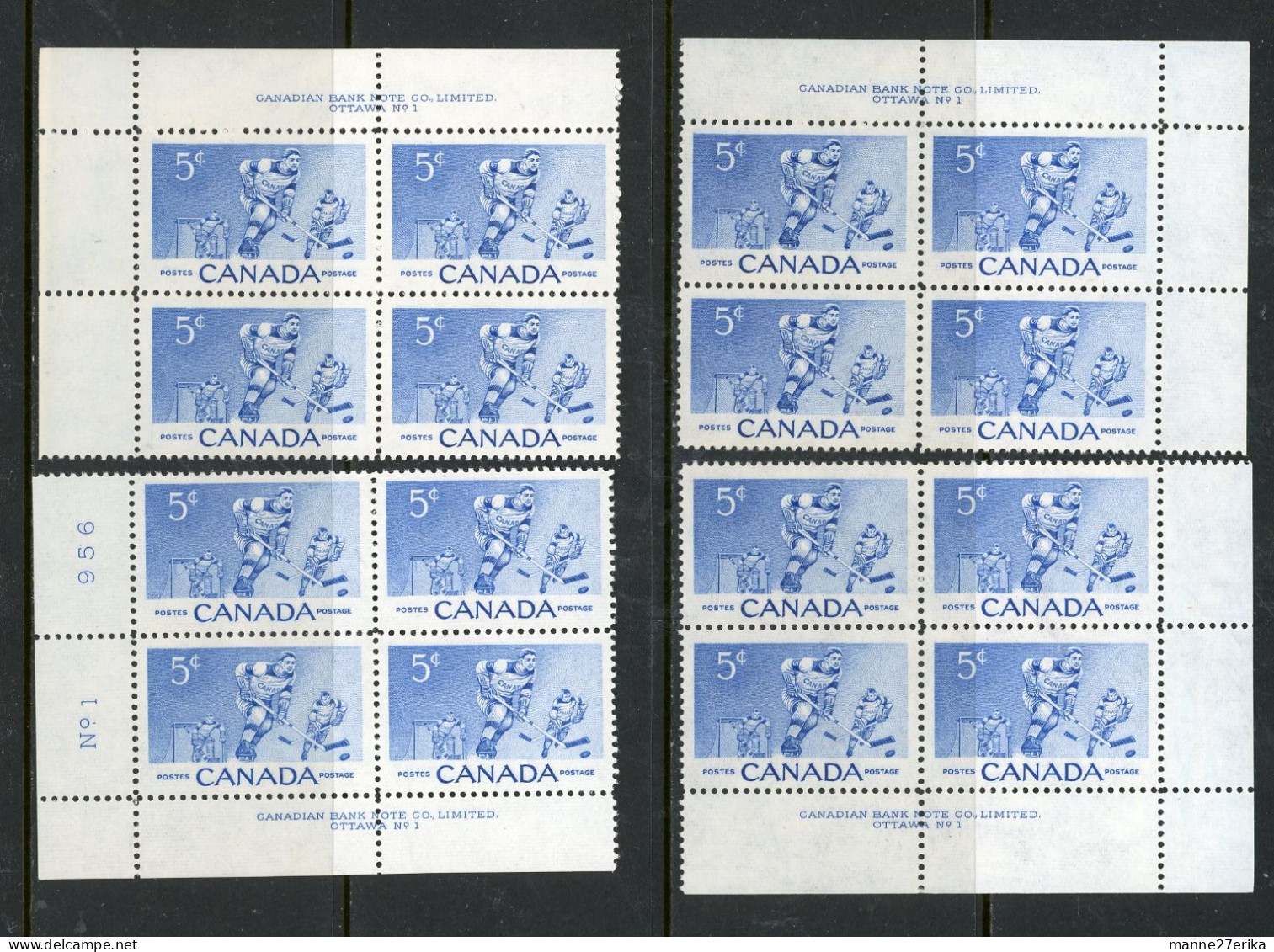 Canada MNH 1956 PLate Blocks "Hockey Players" - Neufs