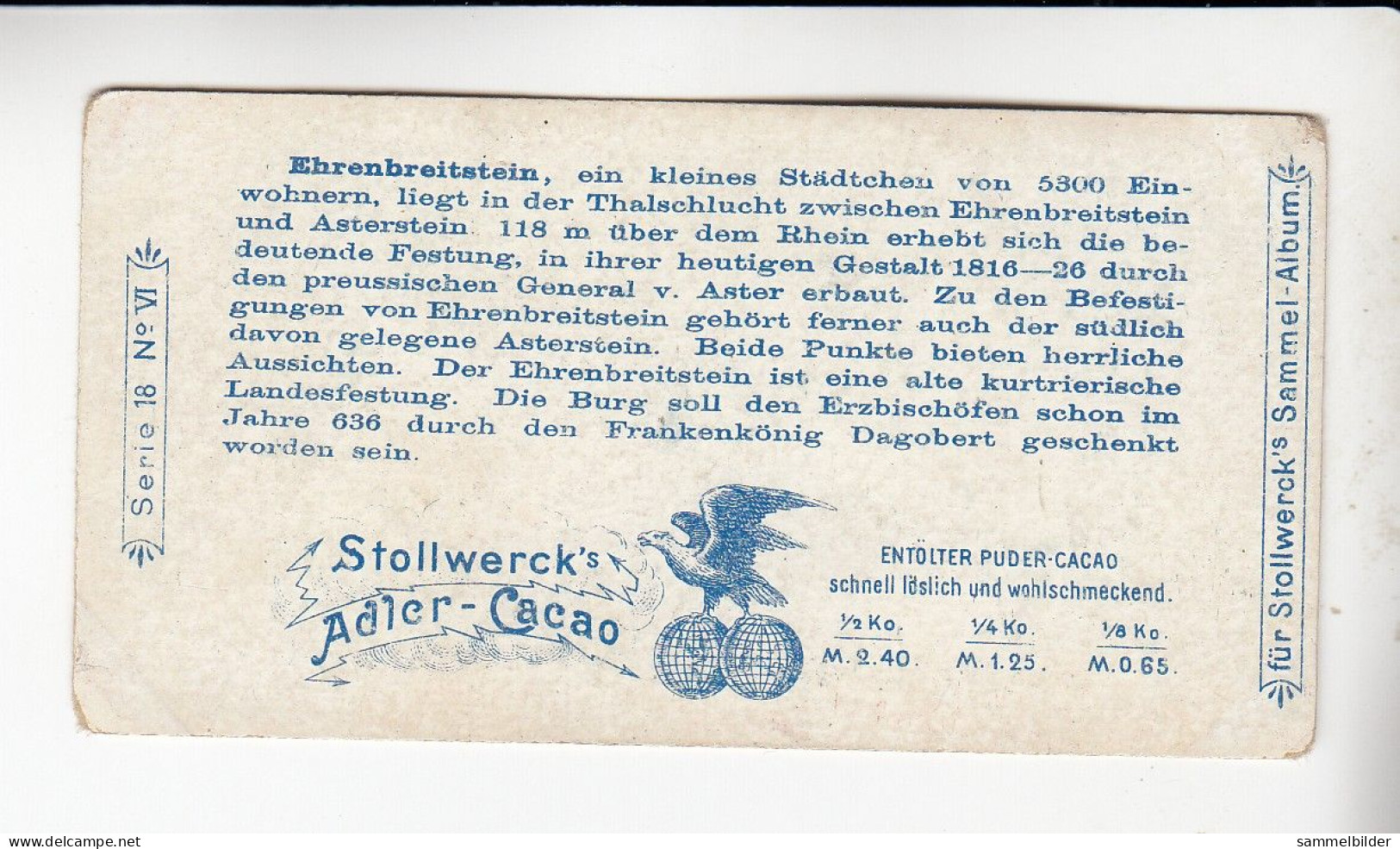 Stollwerck Album No 1  Rhein - Ansichten Ehrenbreitstein - Festung  Gruppe 18 #6 Von 1897 - Stollwerck