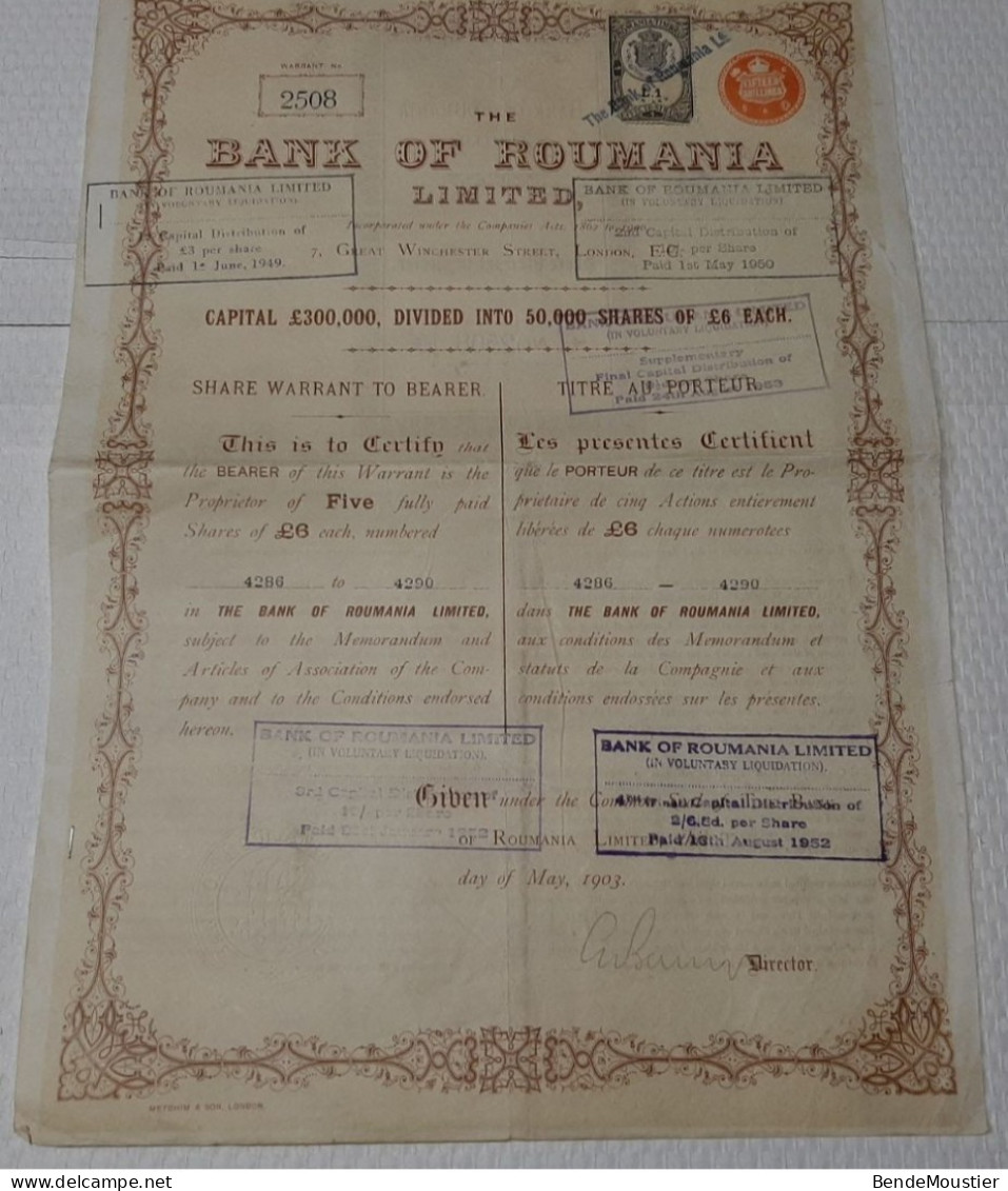 The Bank Of Roumania Limited - Titre Au Porteur De Cinq Actions De 6 £ - Roumania 1903 - Banque & Assurance