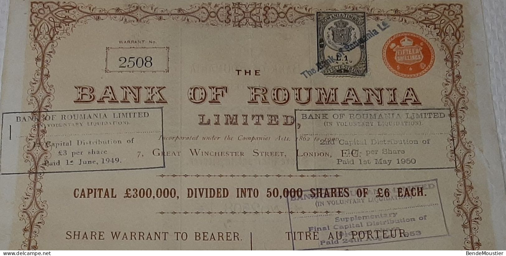 The Bank Of Roumania Limited - Titre Au Porteur De Cinq Actions De 6 £ - Roumania 1903 - Banque & Assurance